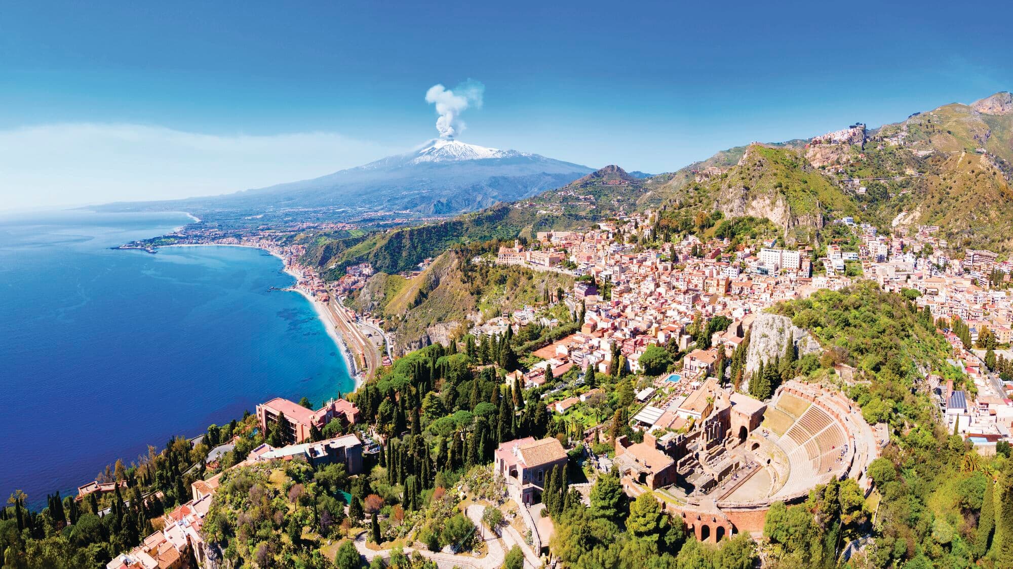 Overhead view of the The Ancient Theatre of Taormina in Sicily.