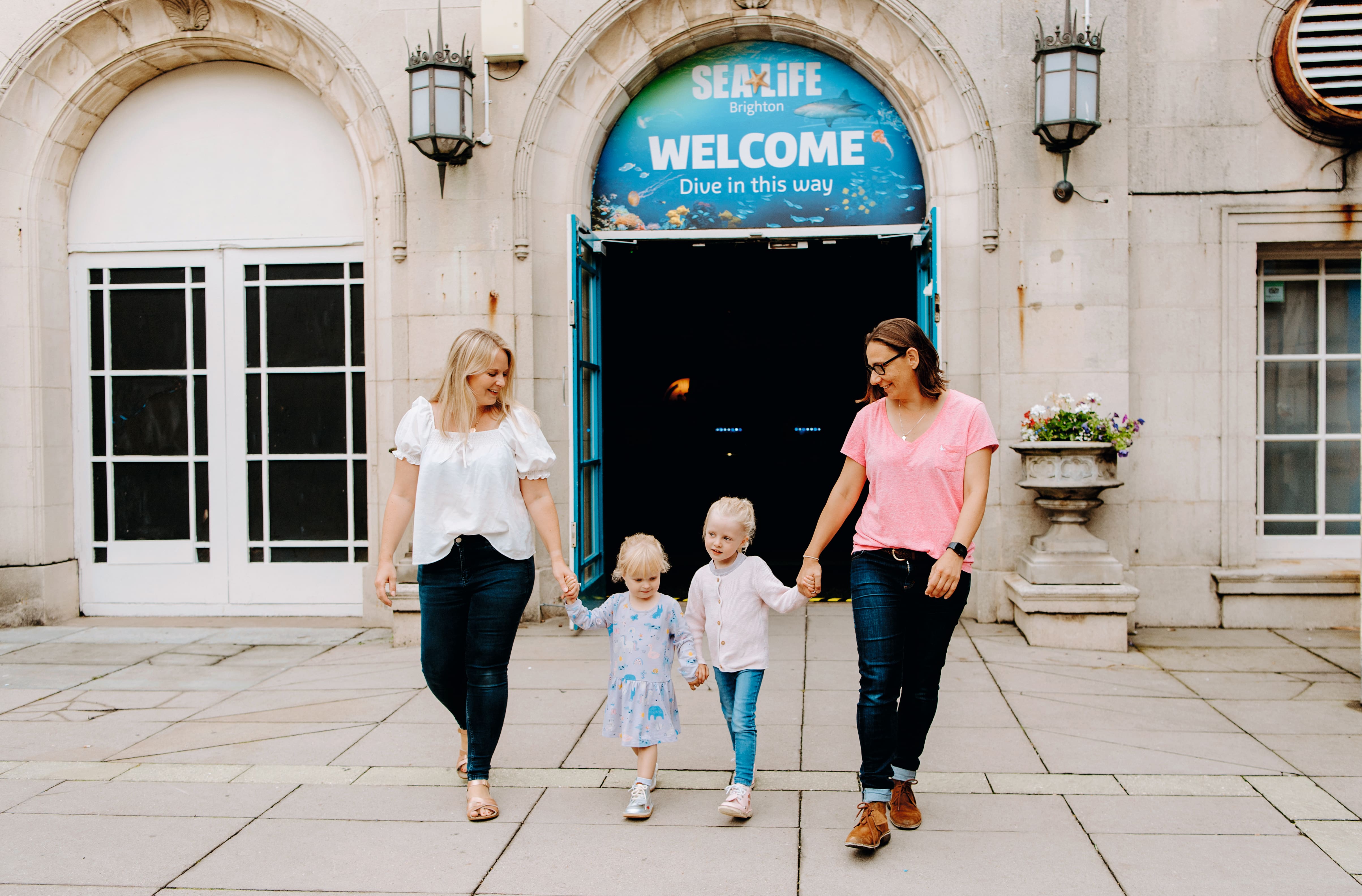 Family walking outside the Sea life entrance&nbsp;