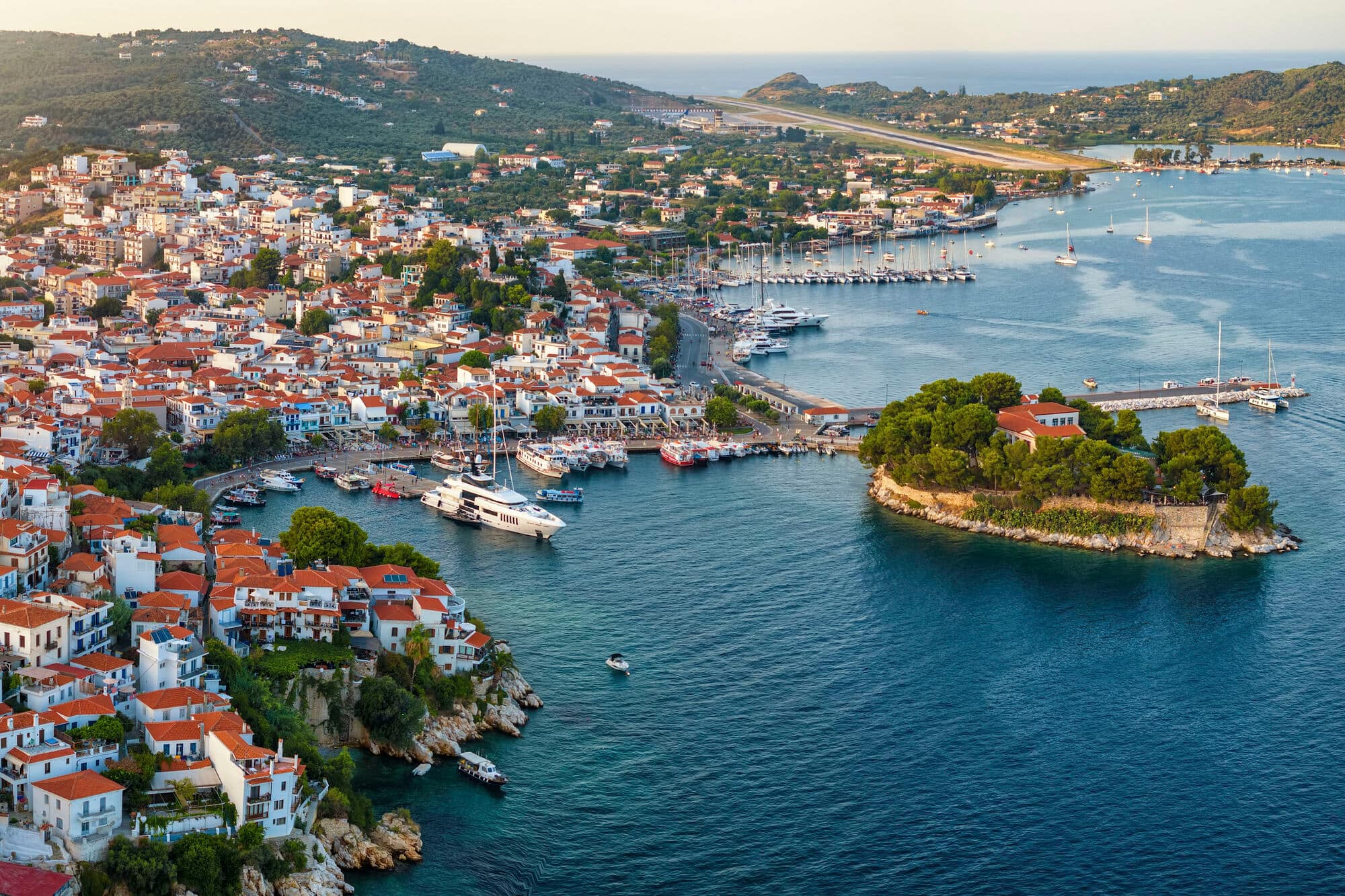 Aerial view of the town of Skiathos island, Sporades.