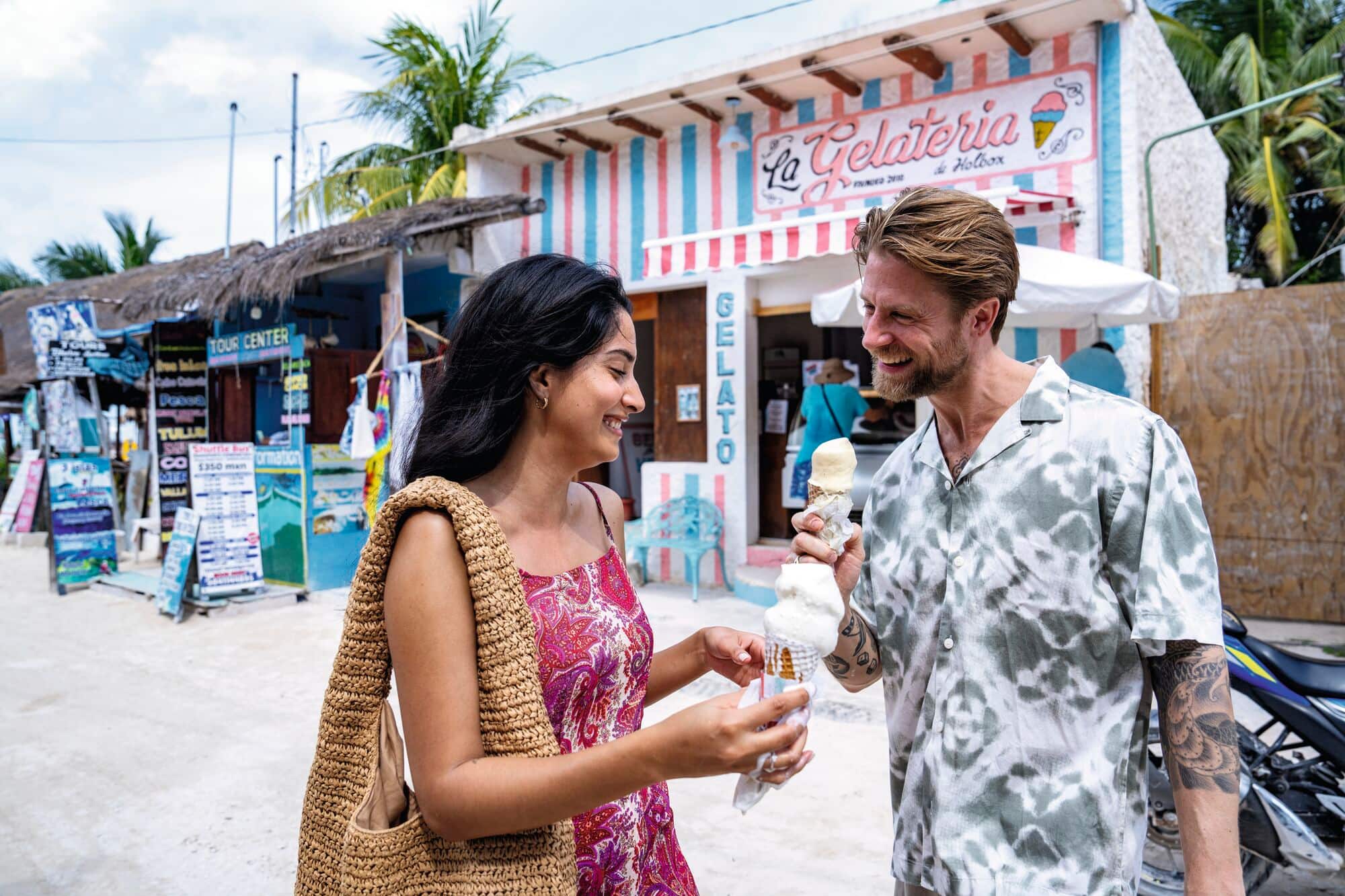 A couple enjoying ice cream in Holbox, Mexico.