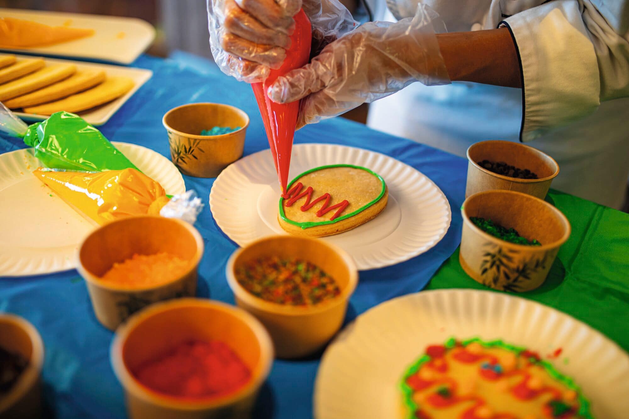 A view of a person decorating easter themed biscuits.