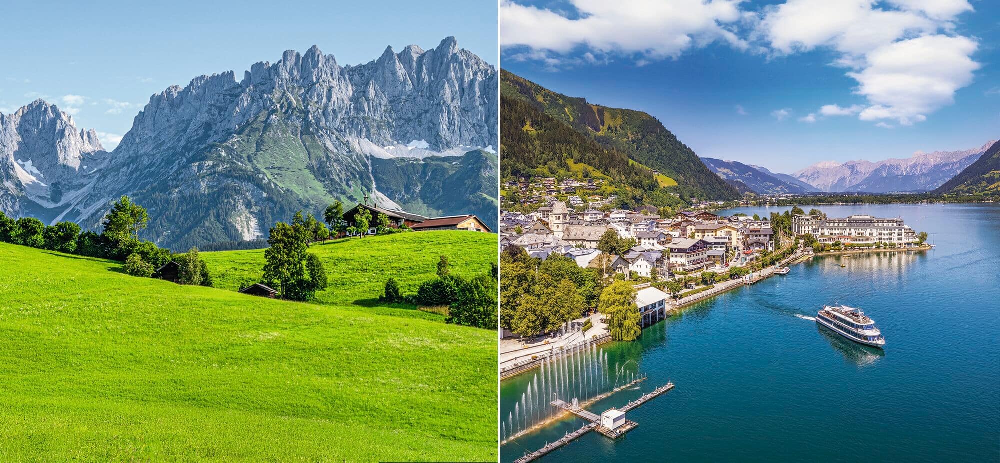 A 50/50 image showing a boat on the lake at Zell am see and lake Schwarzsee near Kitzbuhel. 