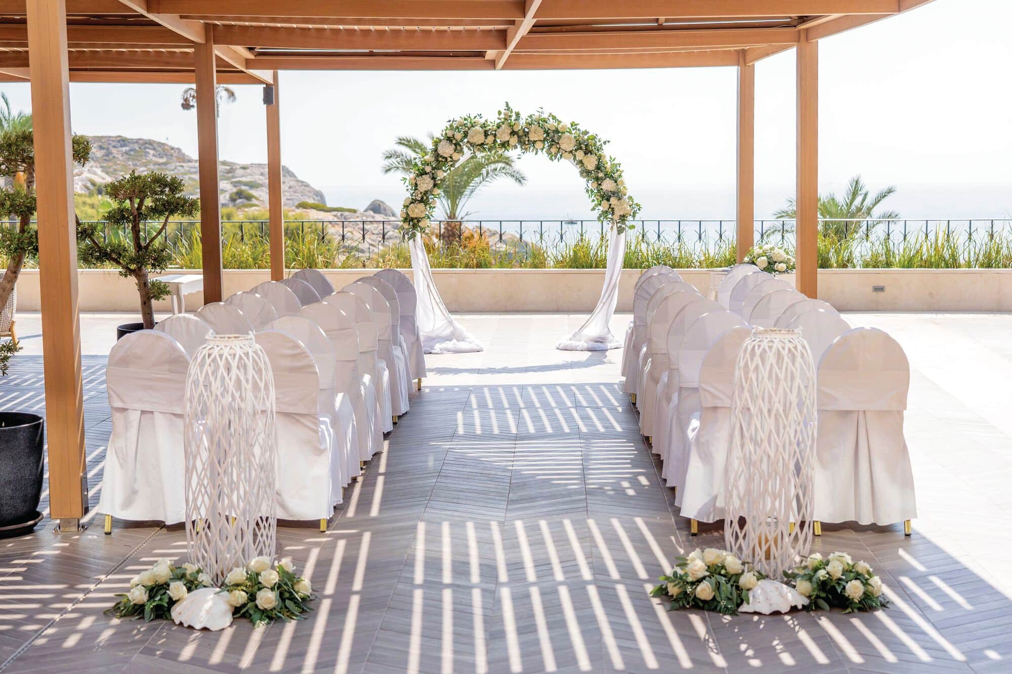 A wedding ceremony set-up on the Orfeas Sea View Terrace at Atlantica Imperial Resort, Rhodes.