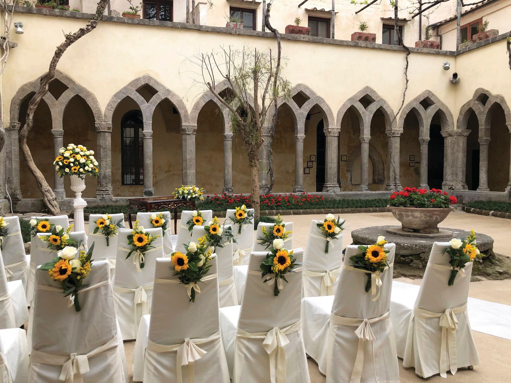 A wedding ceremony set-up in the Cloisters of San Francesco in Sorrento, Italy.