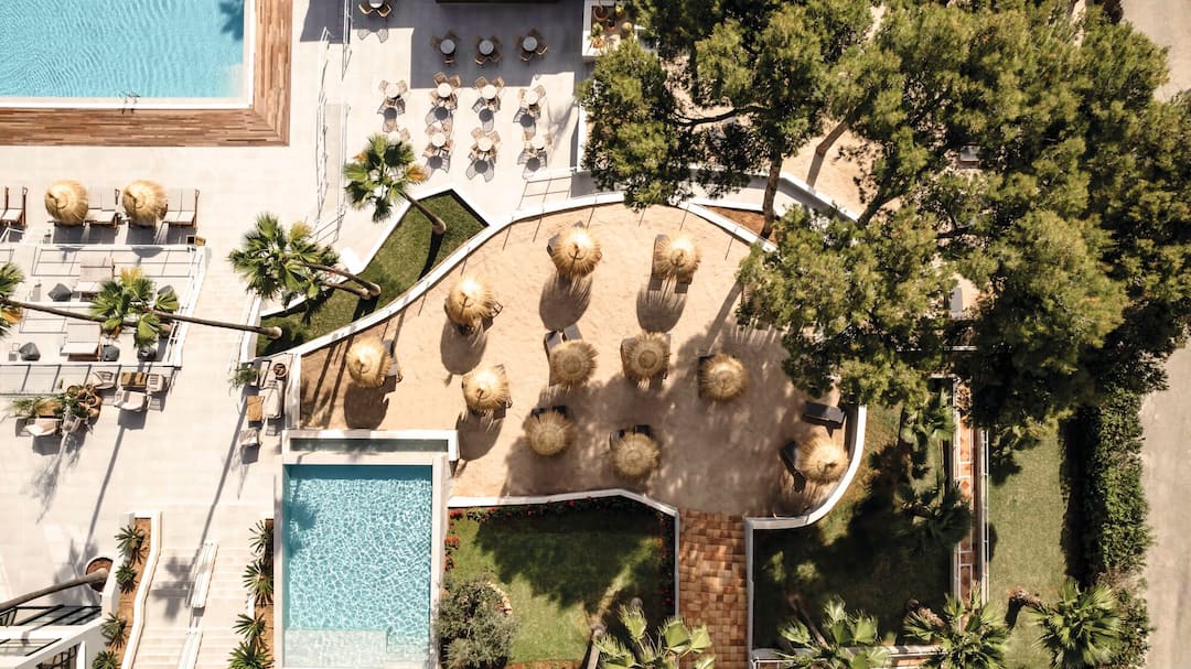Aerial view of terrace and pools