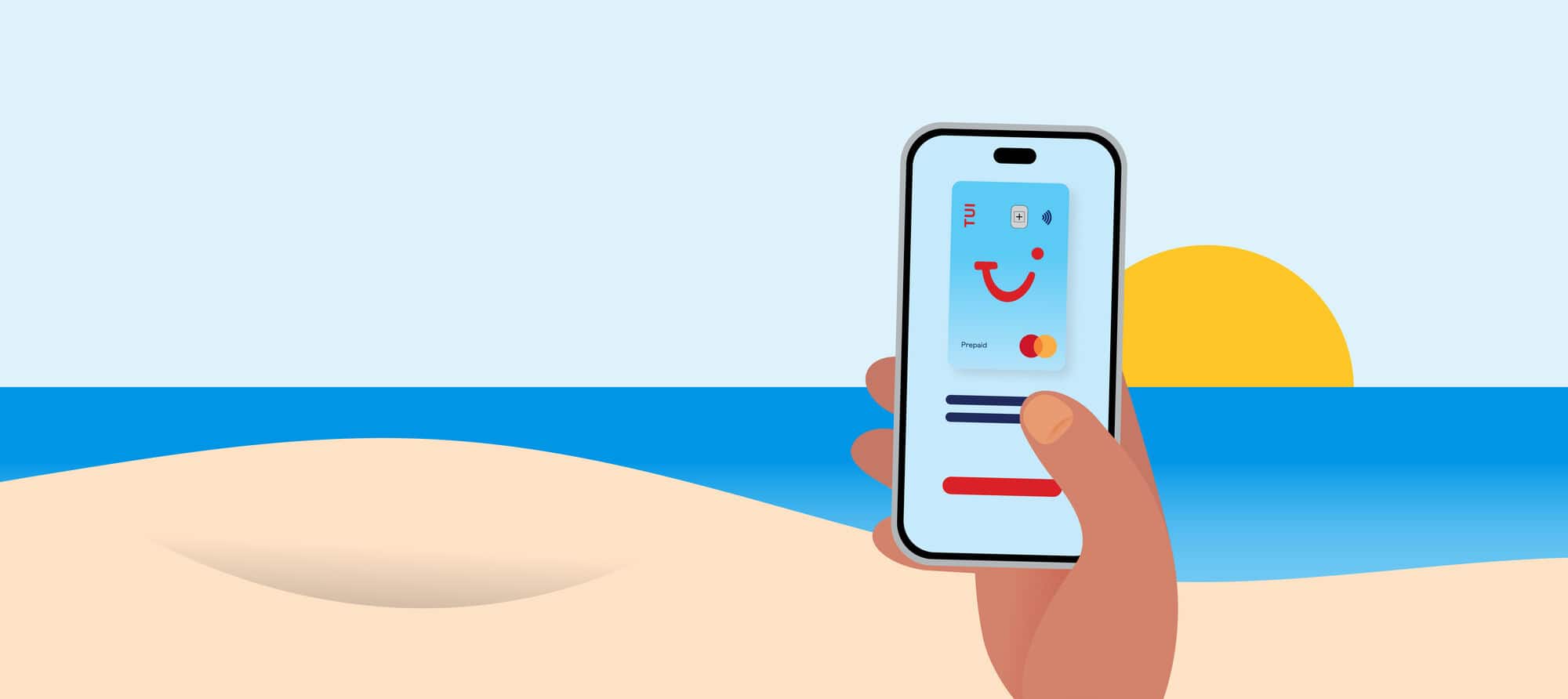An illustration of a hand holding a phone that displays the TUI money card app.