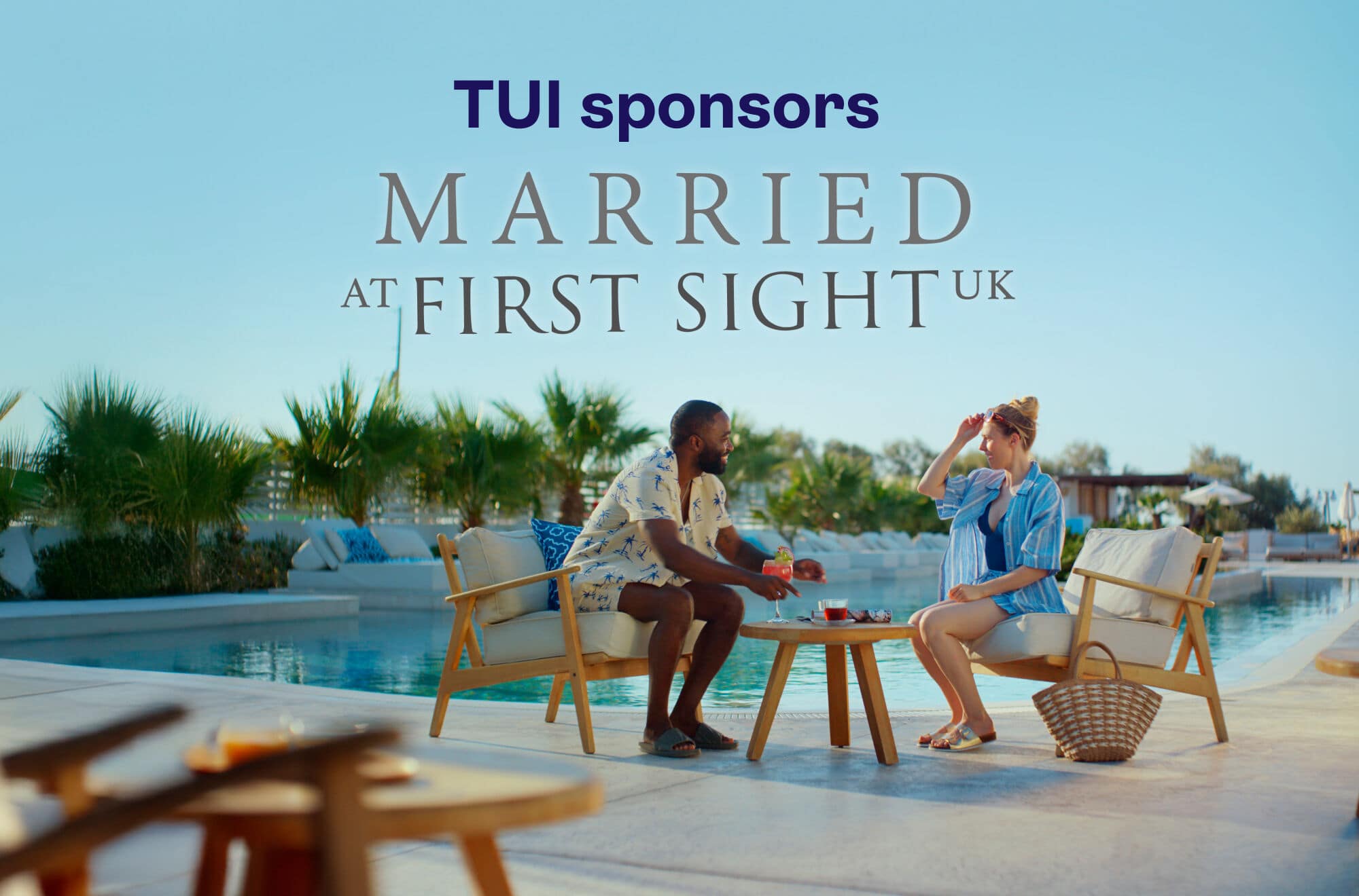 MAFS couples sitting by a pool with a cocktail.