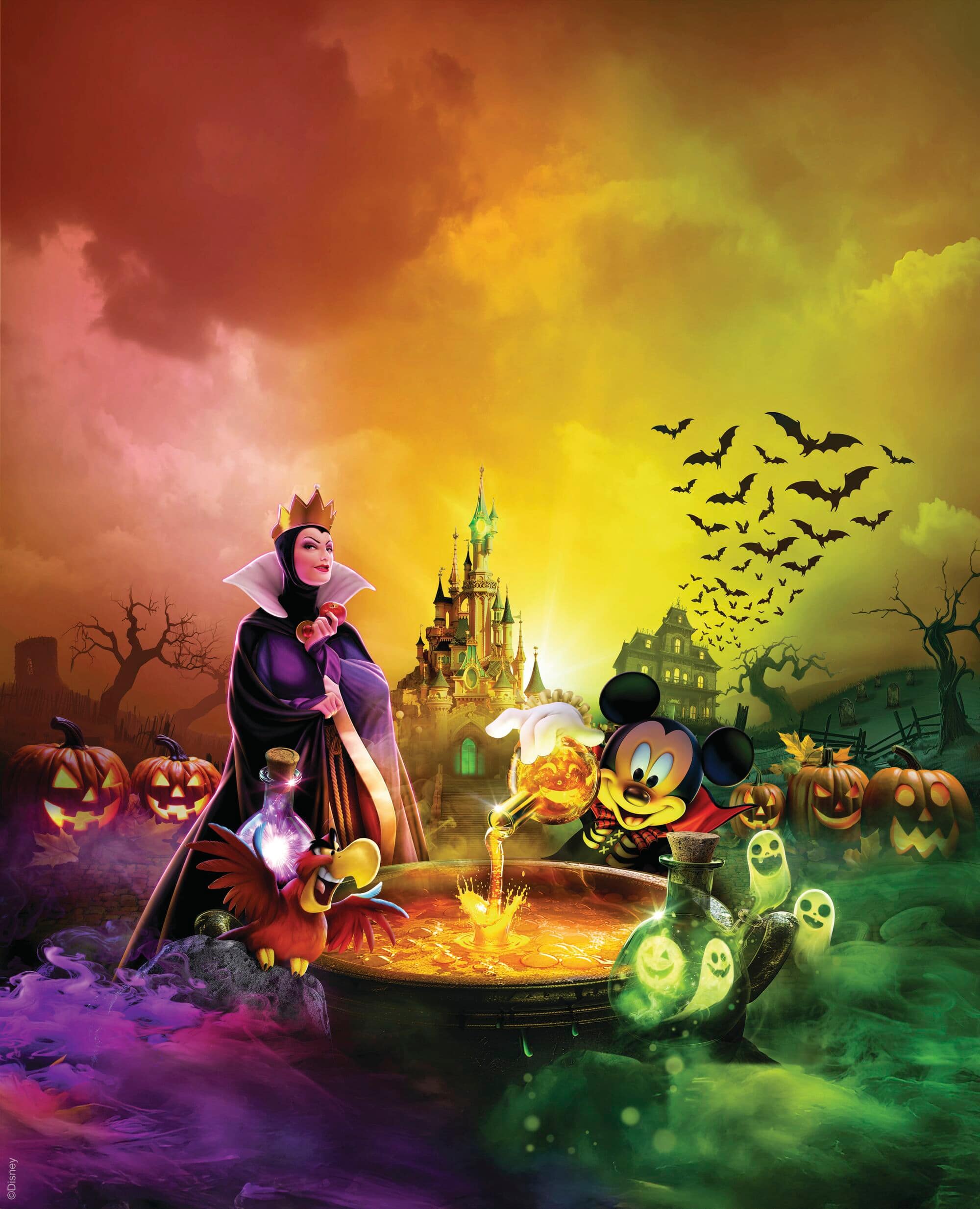 Maleficent, Mickey Mouse and Iago around a halloween-themed cauldron. 