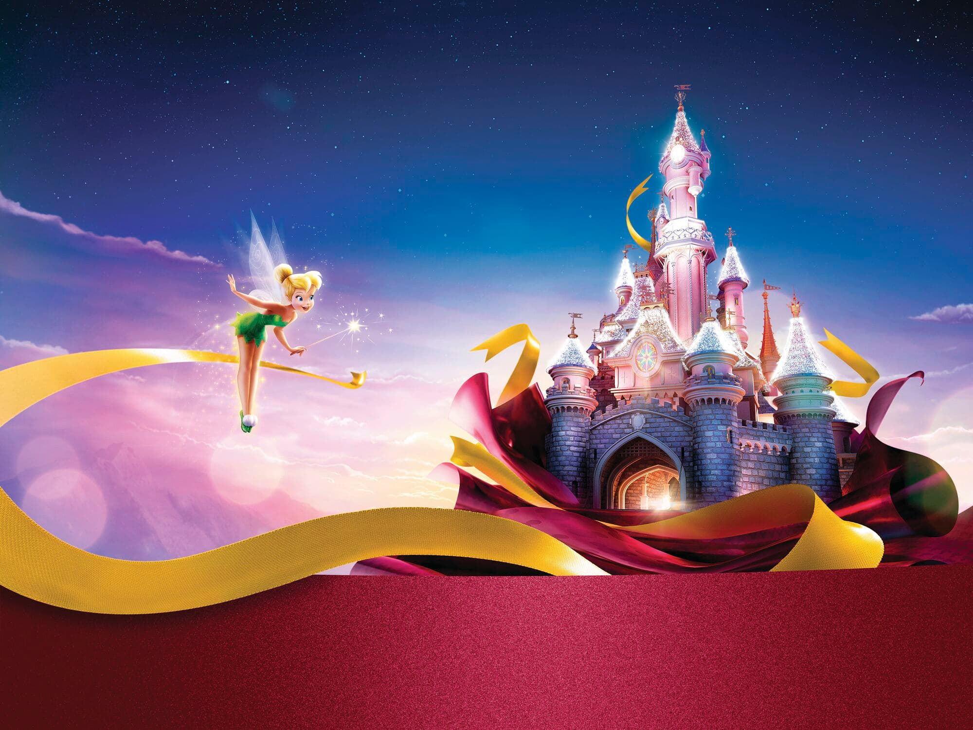 Tinkerbell flying next to the Cinderella Castle.