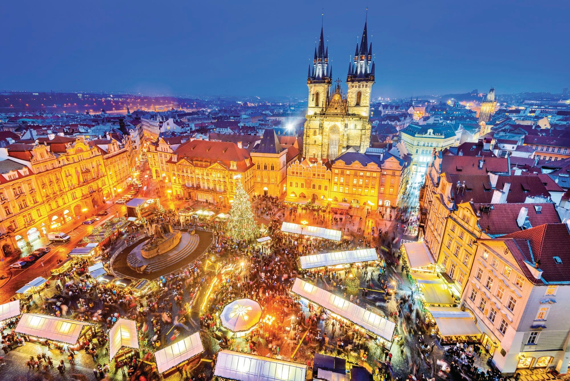 Overhead view of a Czech Christmas market.
