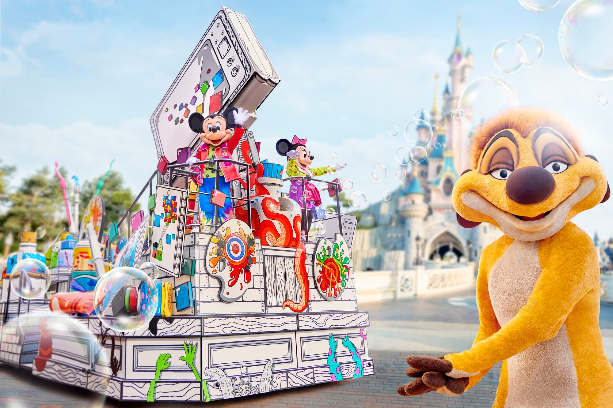 Micky and Minnie Mouse are waving on a colourful parade float, with Timon smiling in the foreground.
