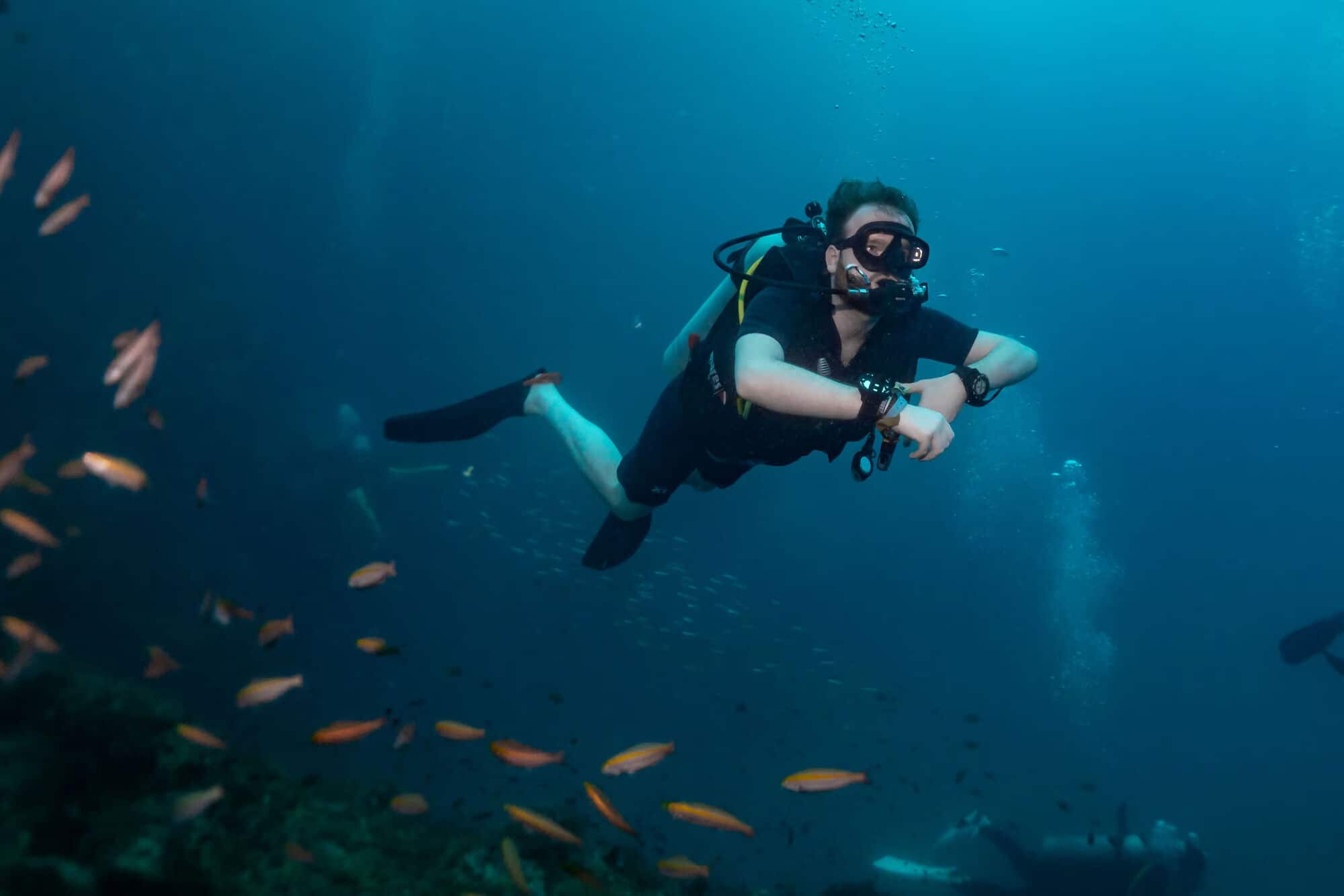 A man in diving gear deep underwater.