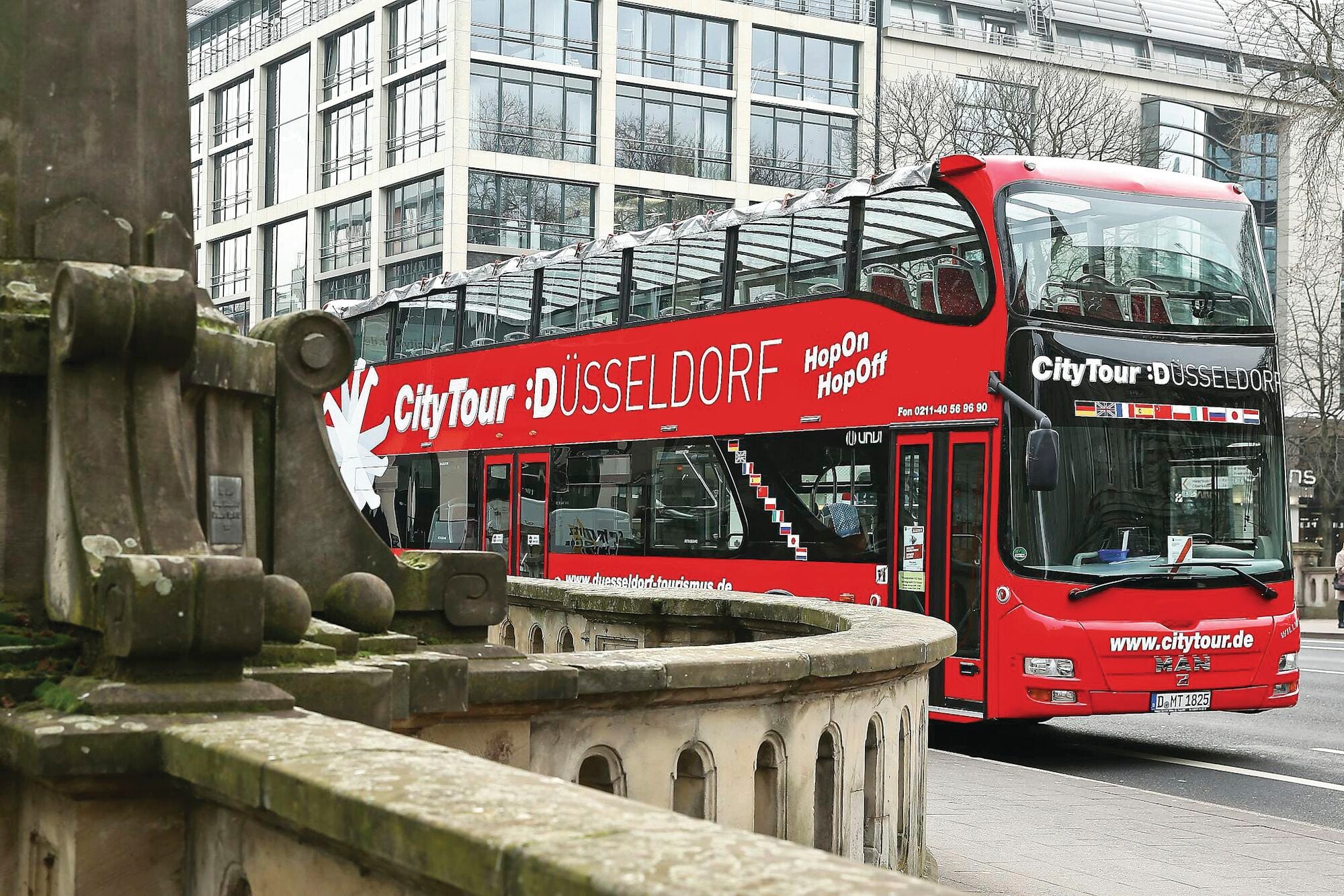 A bus on the road in a city