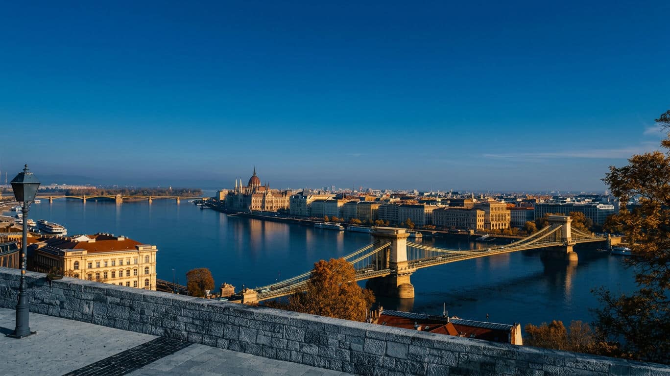 A view over Budapest, including Szechenyi Chain Bridge.
