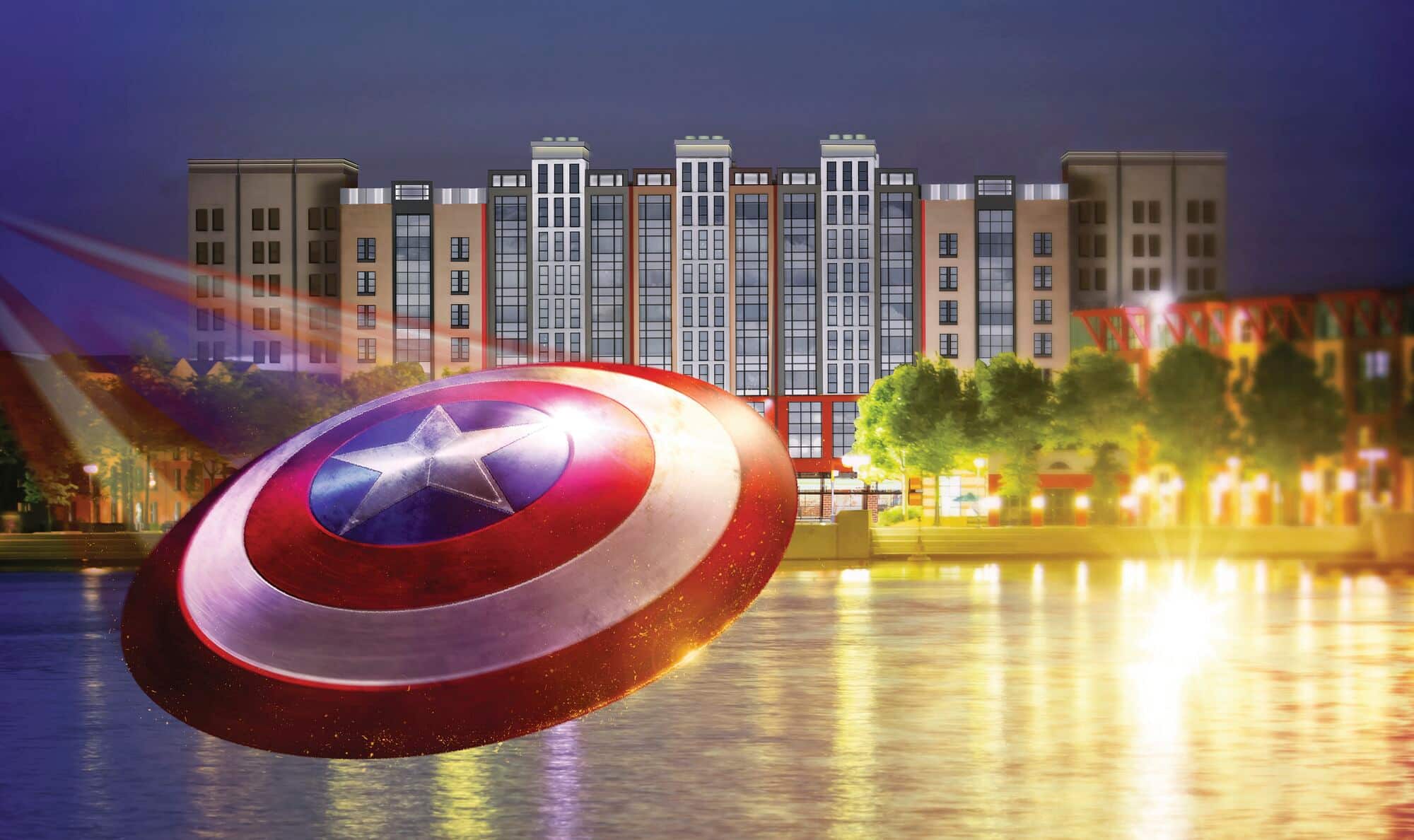 The Captain America shield soaring over the lake at Disneyland Paris.