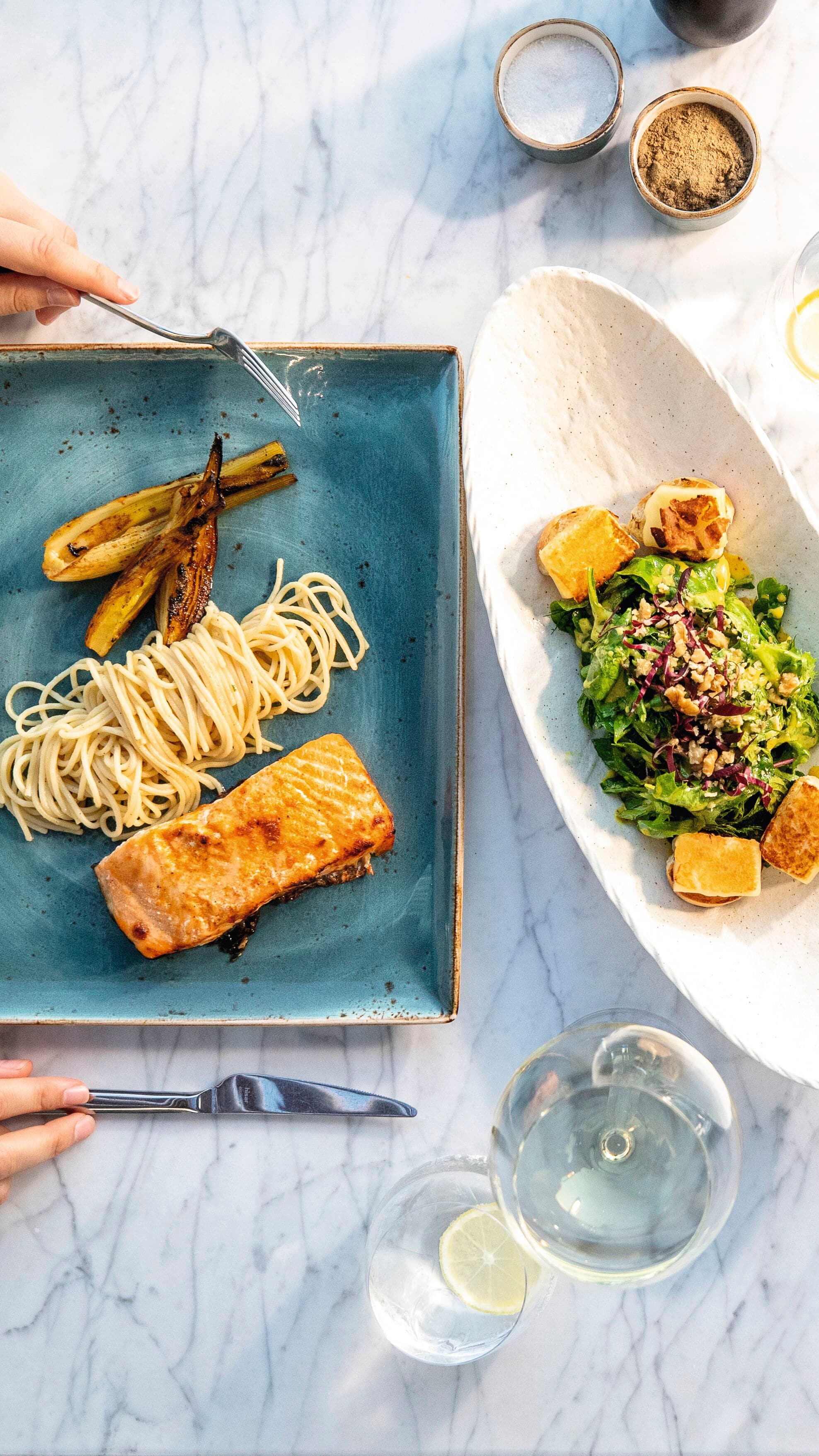 A top-down view of restaurant food.