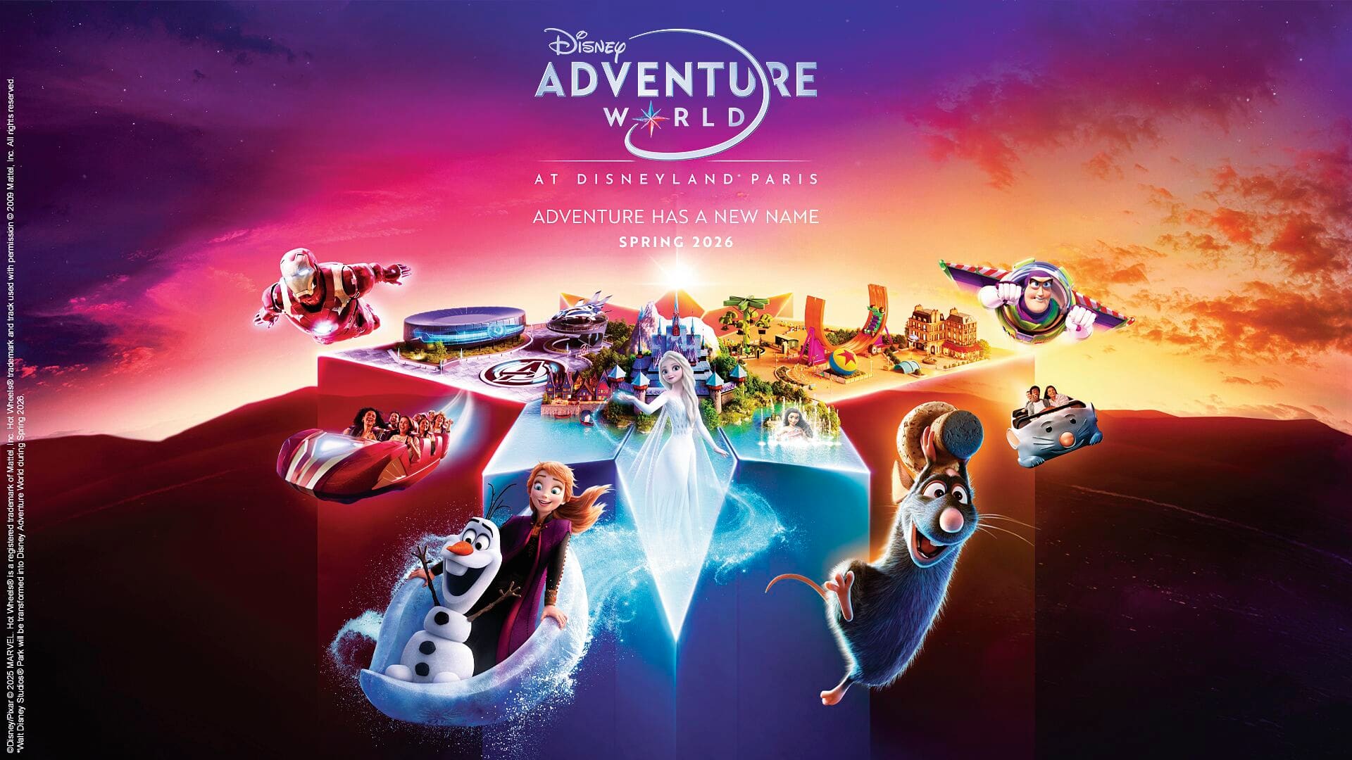 A disney adventure world logo surrounded by popular Disney, Pixar and Marvel characters. 