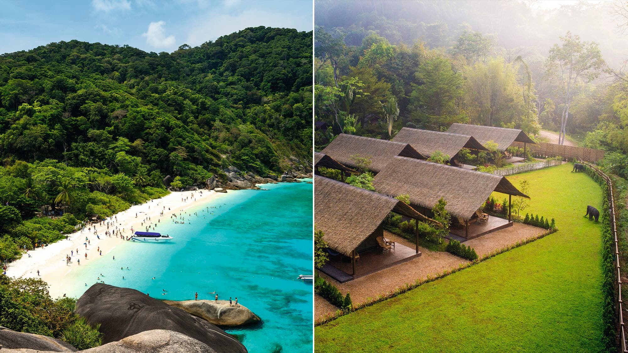 A split-screen image showing a beach in Phuket on the left and Elephant Hills accommodation on the right.