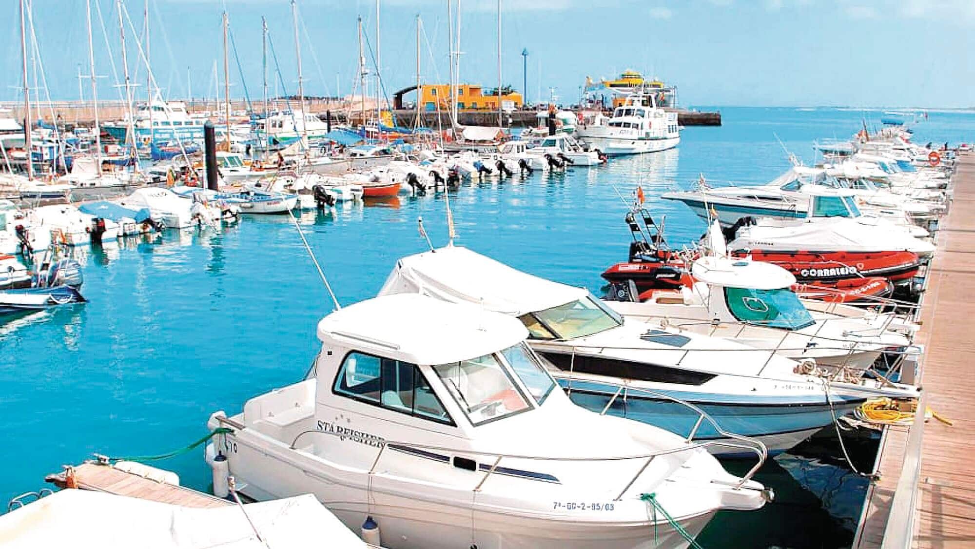 Sunny marina filled with small boats and clear blue water.