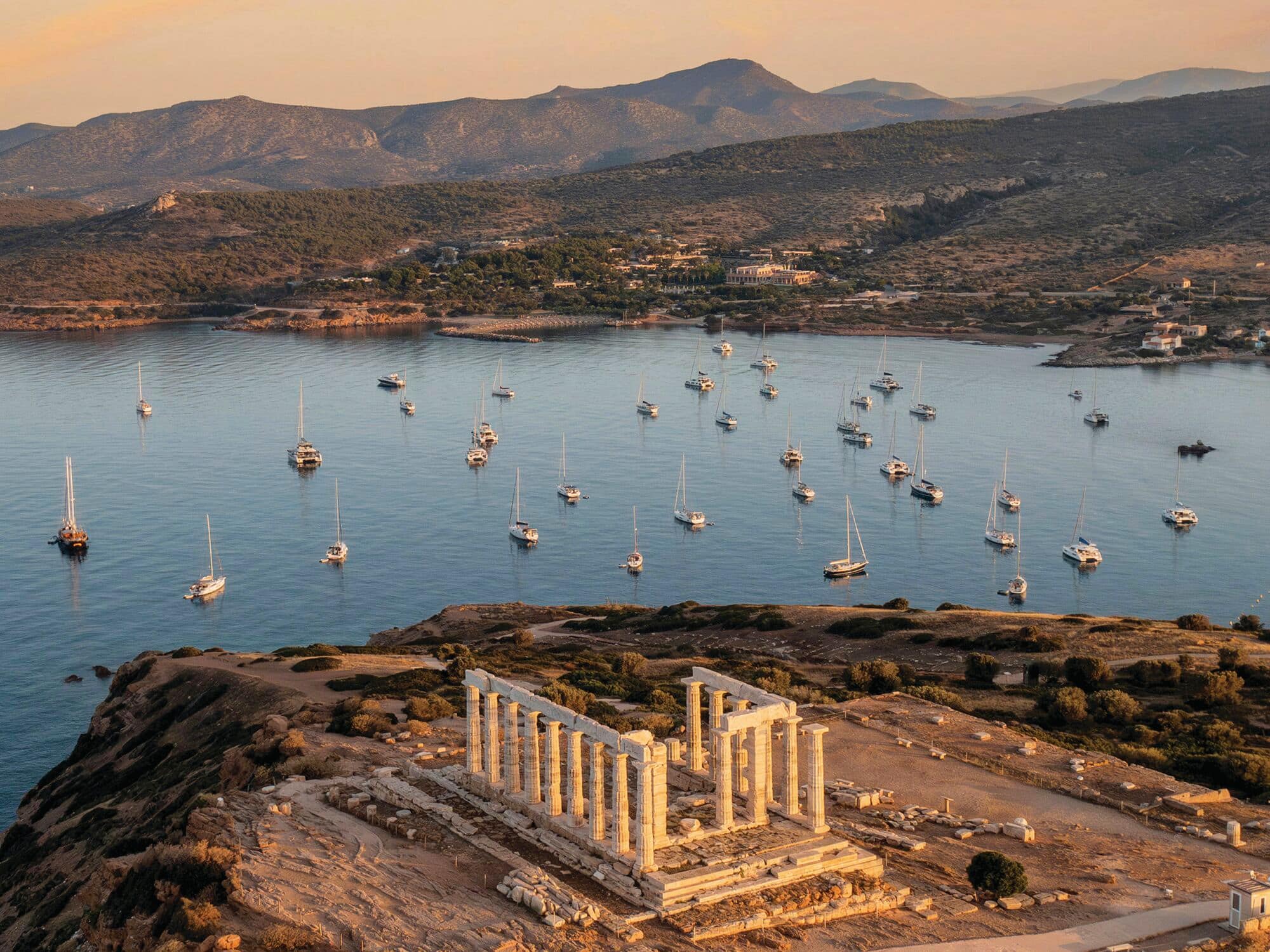 The Temple of Poseidon at sunset.