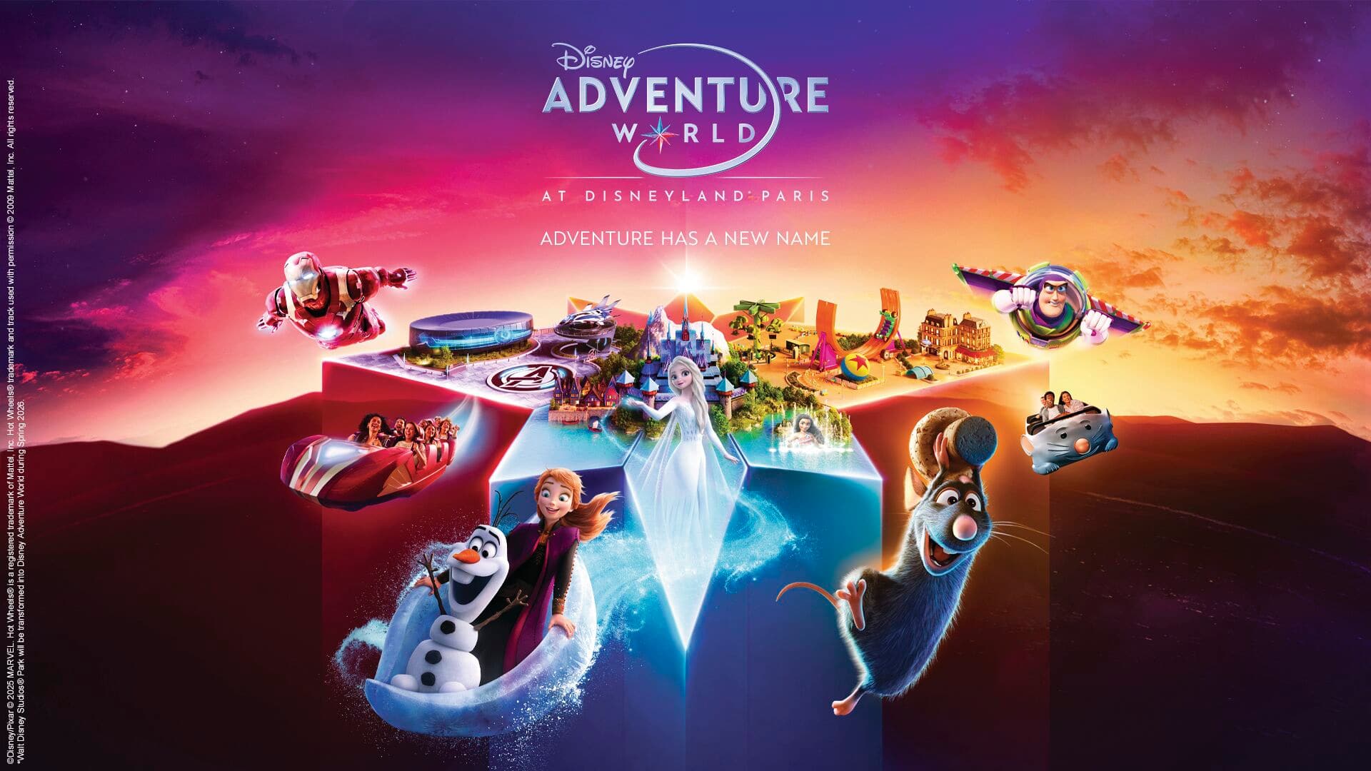 A disney adventure world logo surrounded by popular Disney, Pixar and Marvel characters. 