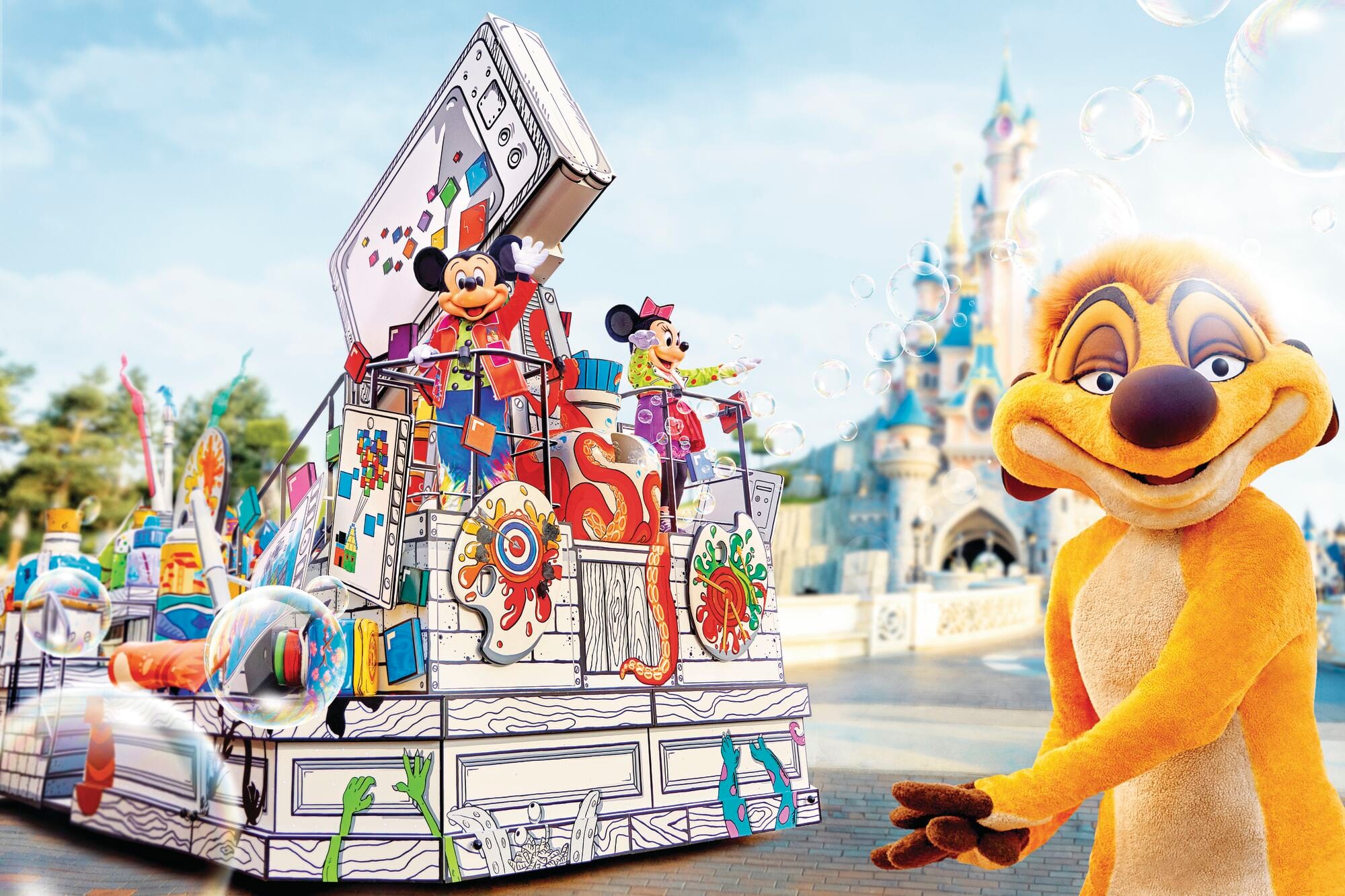 Timon in front of a colourful parade float with Mickey and Minnie Mouse.
