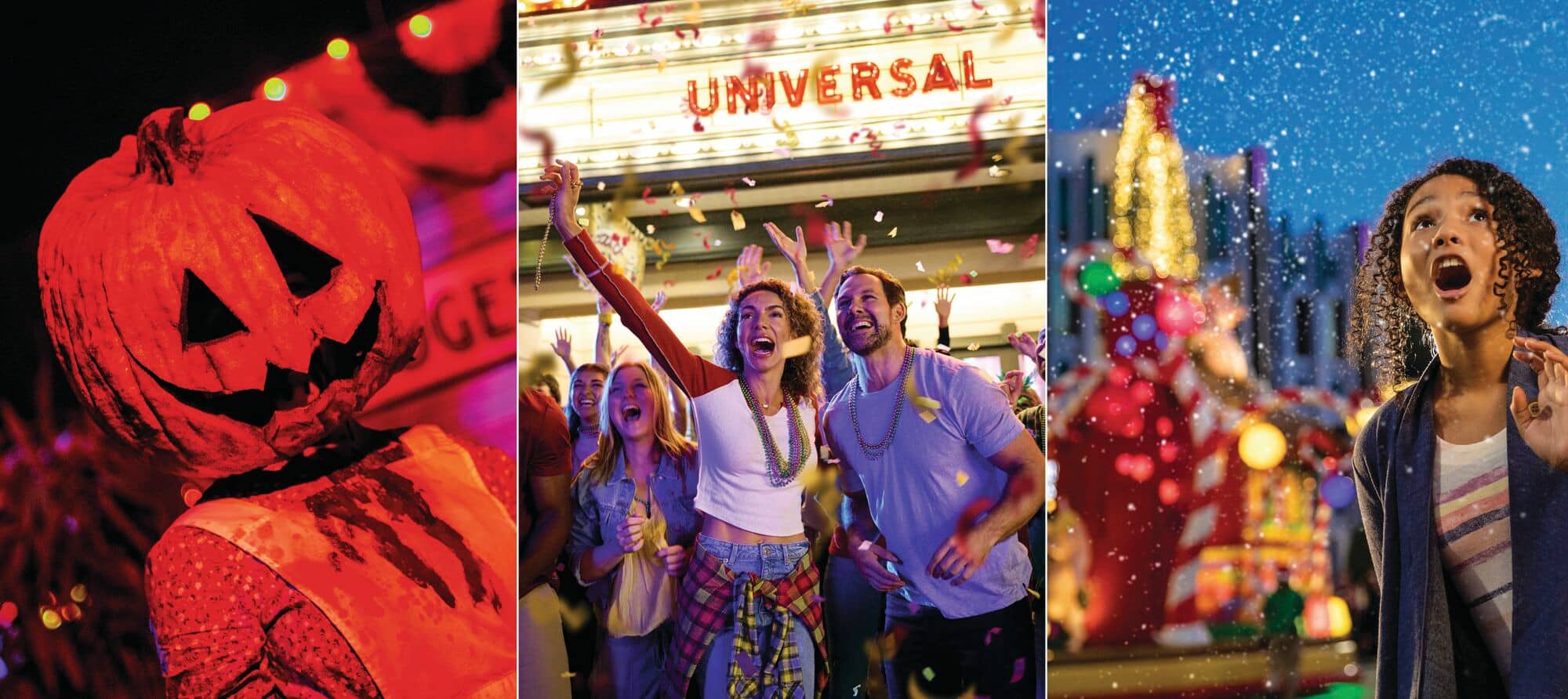 A split image of a pumpkin, people celebrating mardi gras, and a person in front of a Christmas market-style stall.