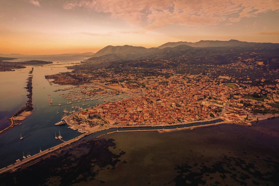 An aerial view of Lefkas Town at sunset