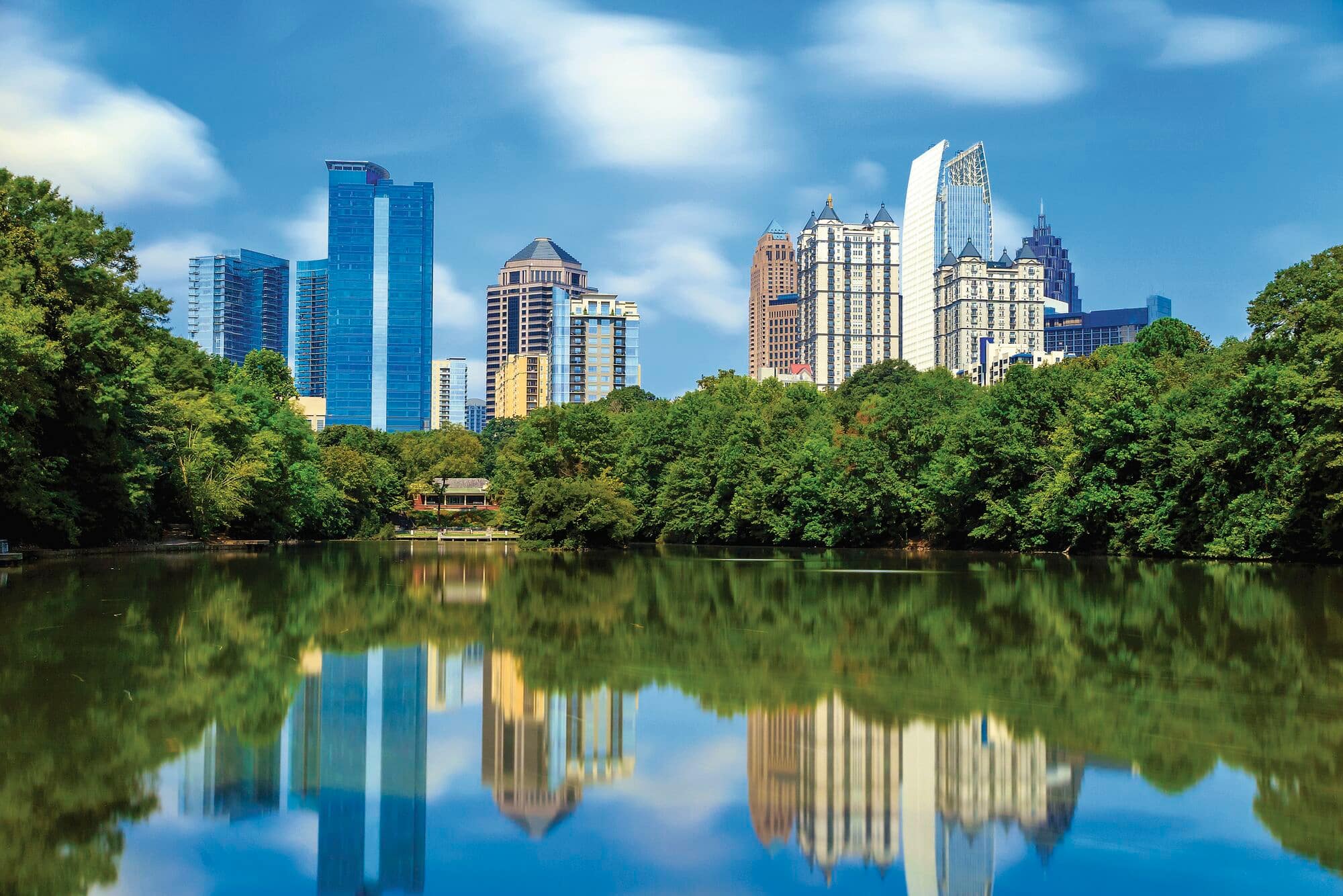 A skyline and reflection of midtown Atlanta.