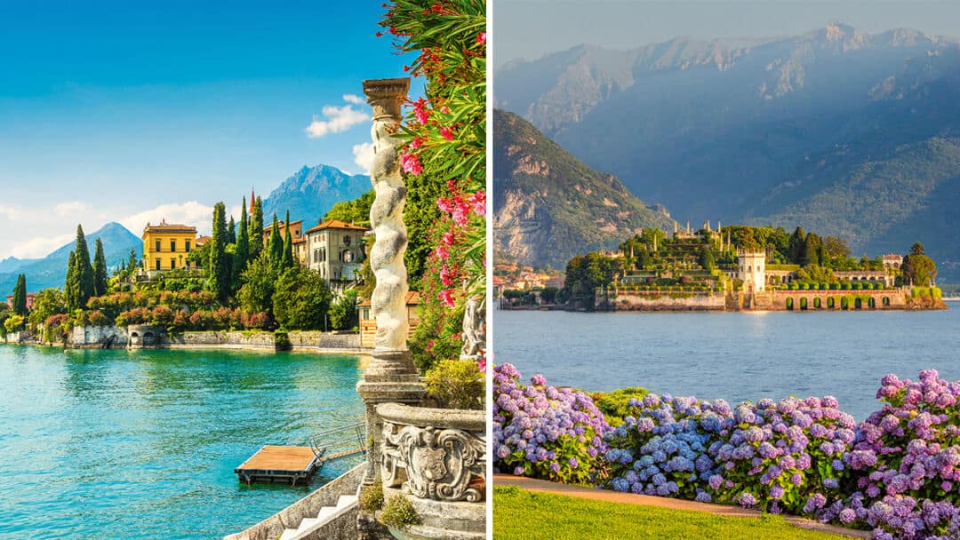 Two views of an Italian lake: ornate terrace with pink blooms overlooking an island villa in Lake Como, and purple hydrangeas by the water in Lake Maggiore.
