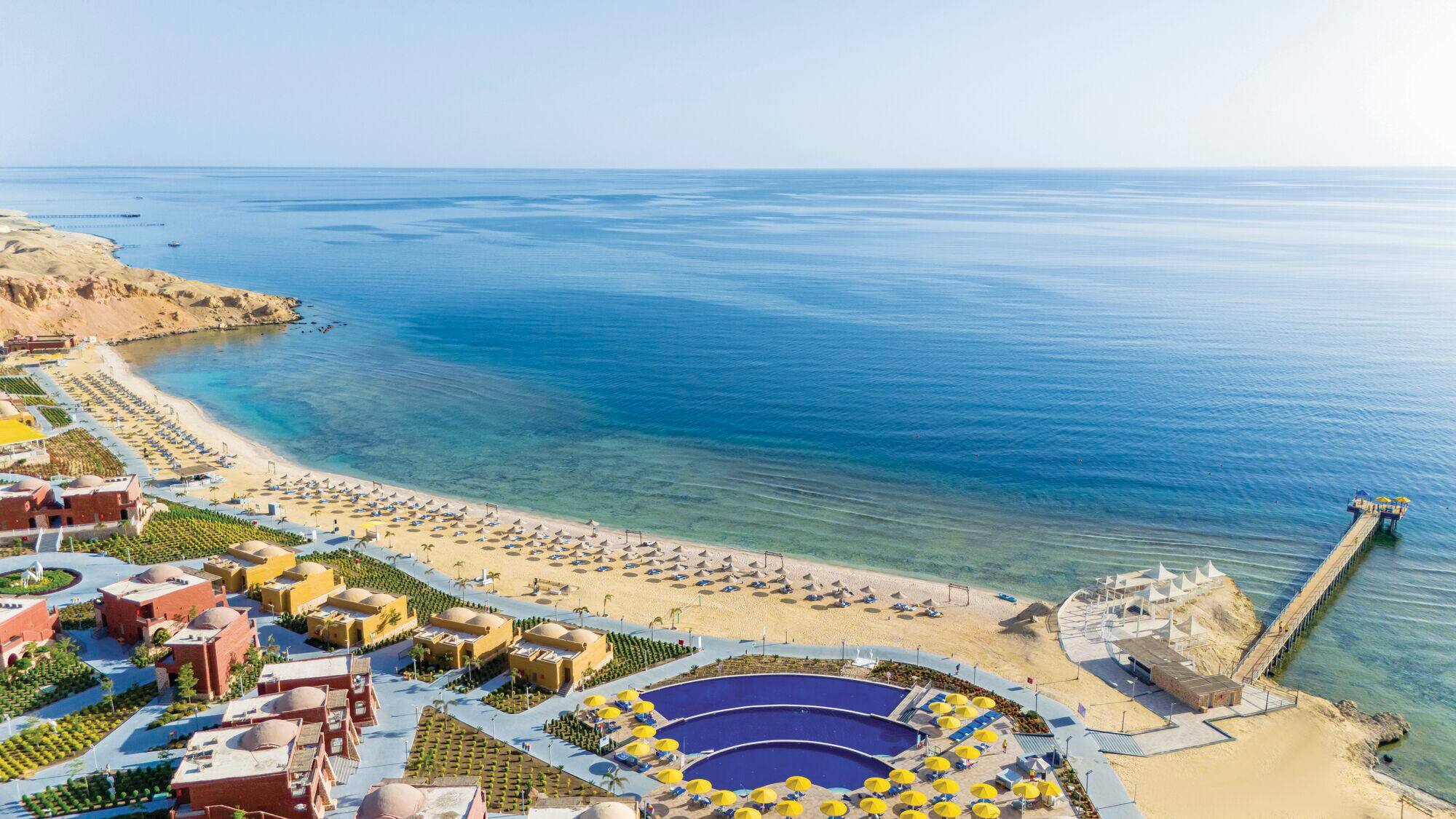 Aerial view of beachfront resort.
