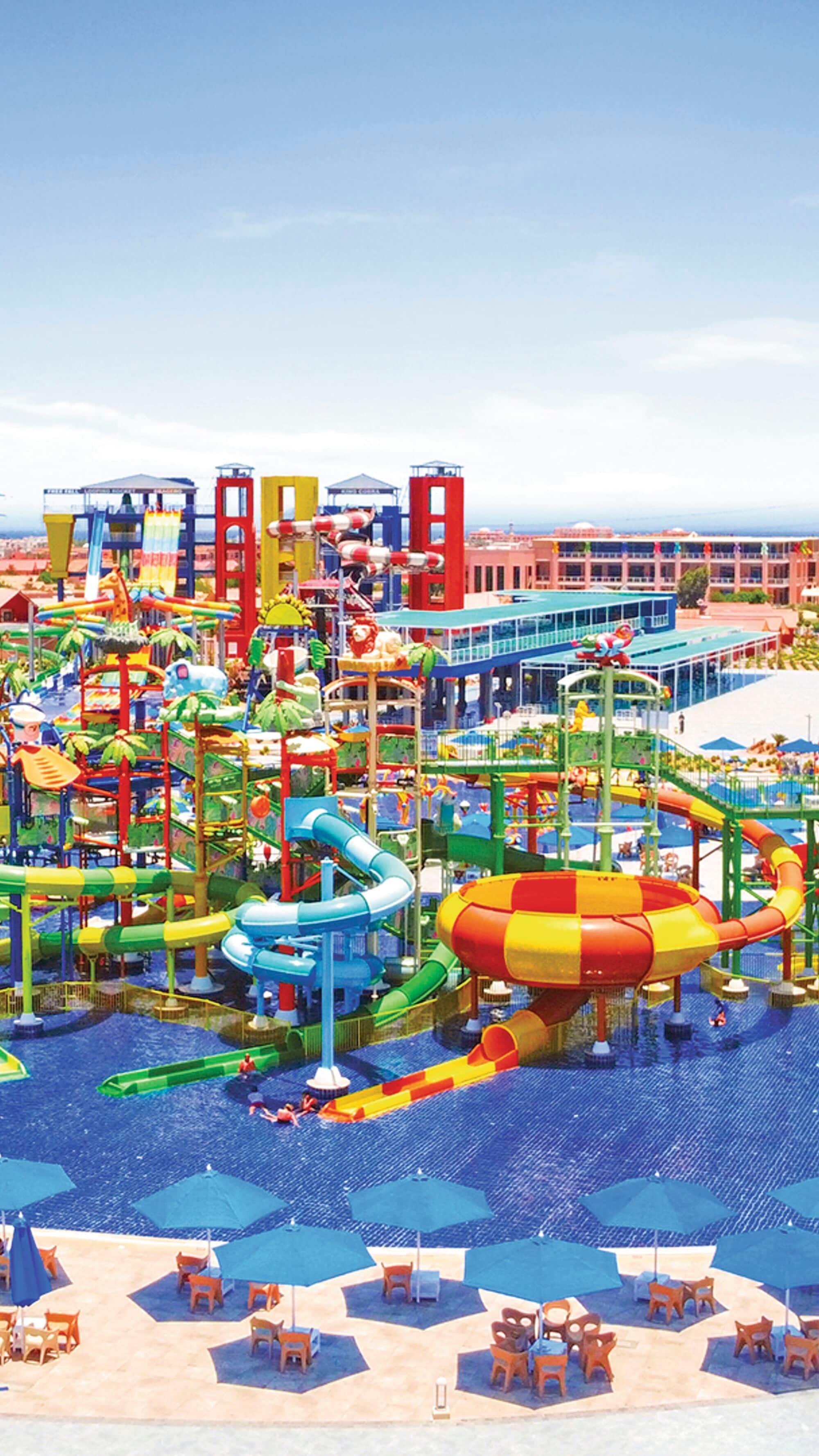 A big waterpark with colourful slides.