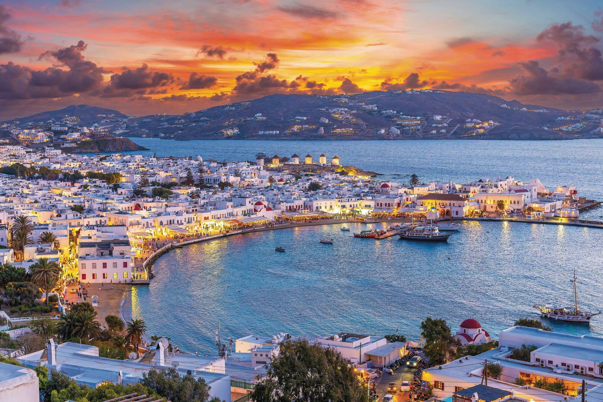 Chora, Mykonos, illuminated at dusk