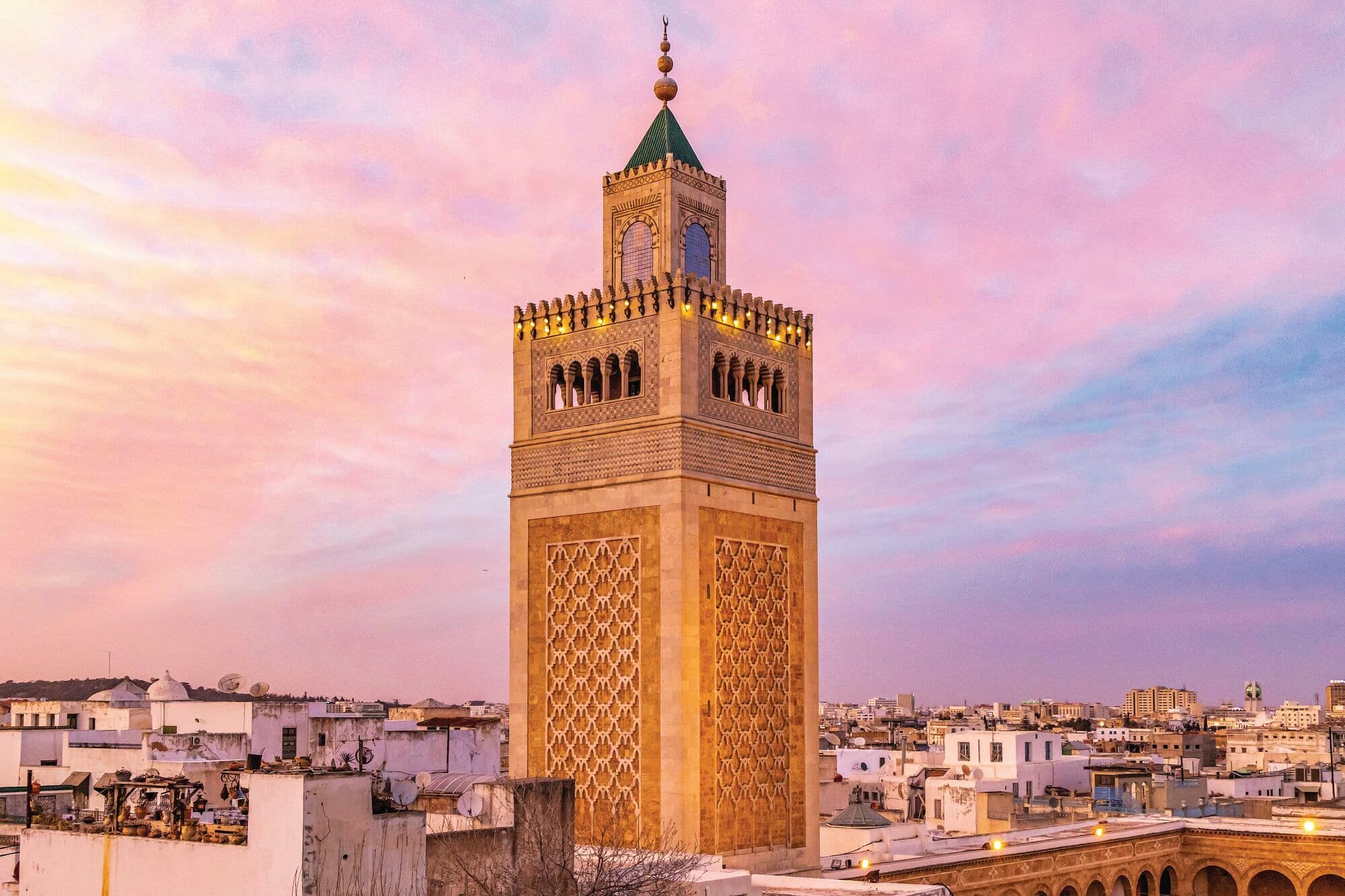 The minaret of the Great Mosque in Medina, Tunisia.