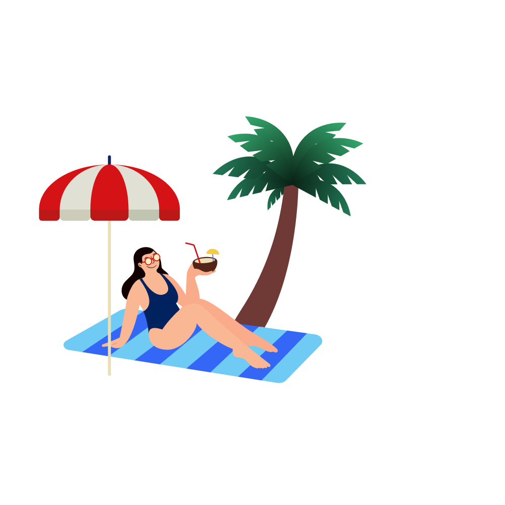 Illustration of someone sunbathing under an umbrella next to a pine tree.
