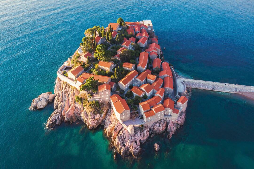 An aerial view of nearby Sveti Stefan, Montenegro