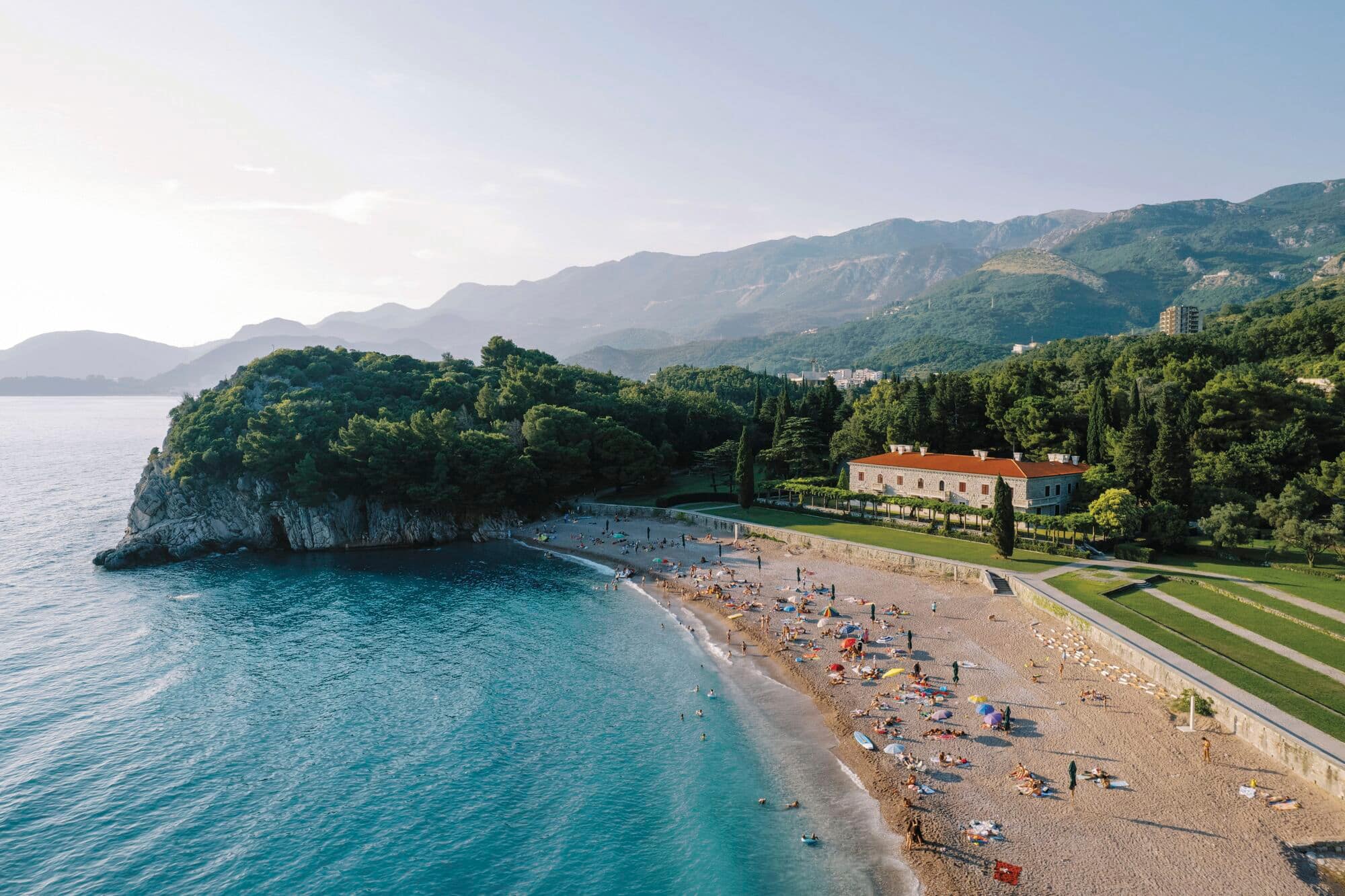 Queen's Beach and the mountains of Milocer, Montenegro