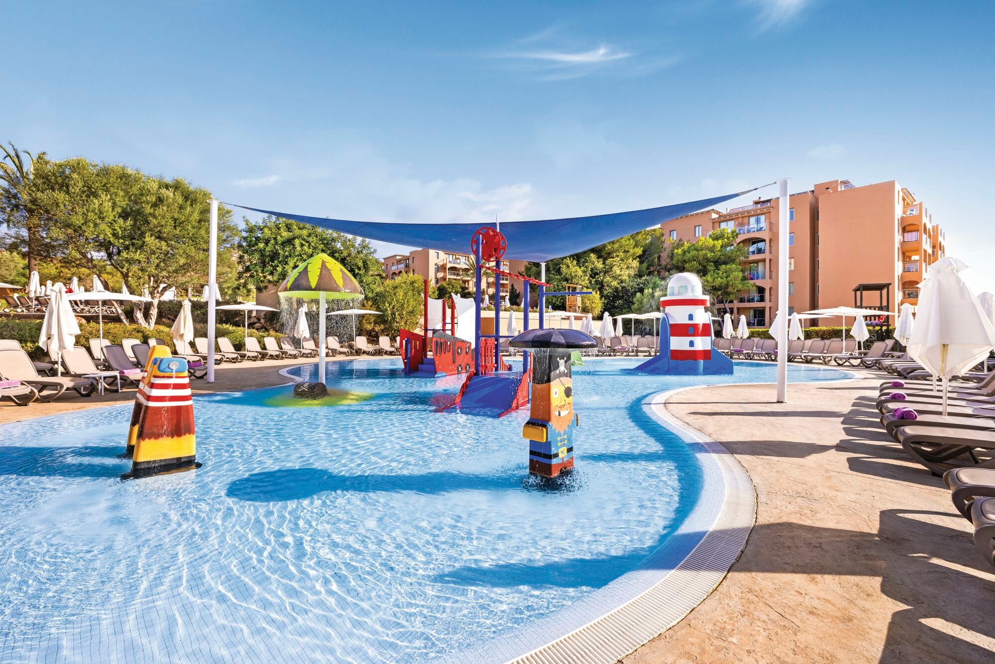 A pirate-themed splash park with colourful apparatus.