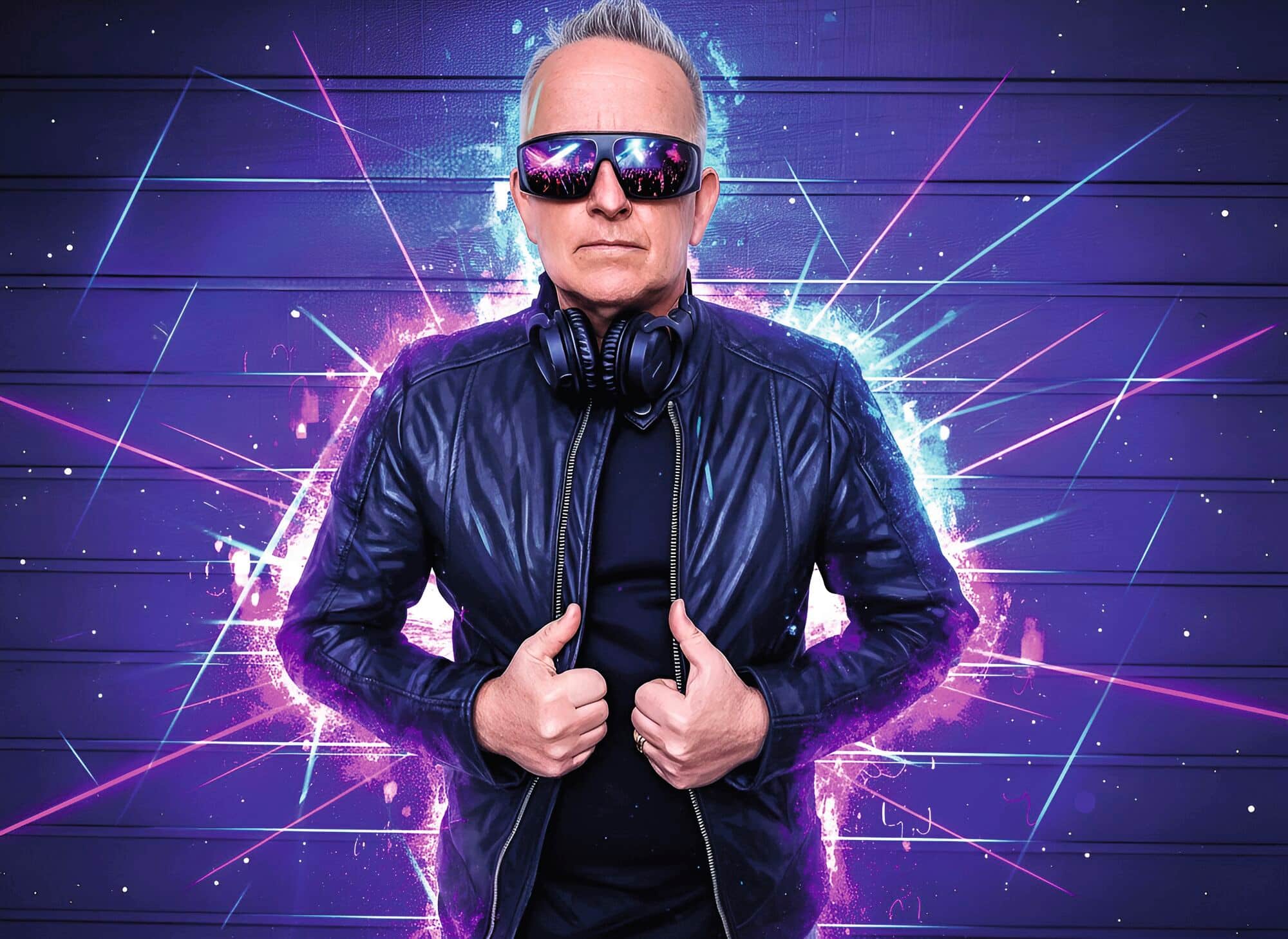 DJ SASH! in front of a purple background