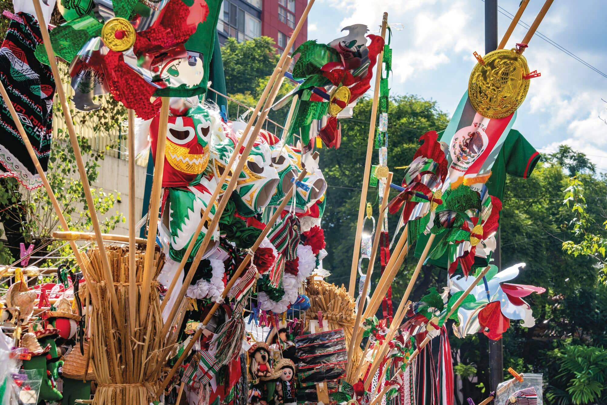 A stall laden with Mexican flags and other options for celebrating Constitution Day