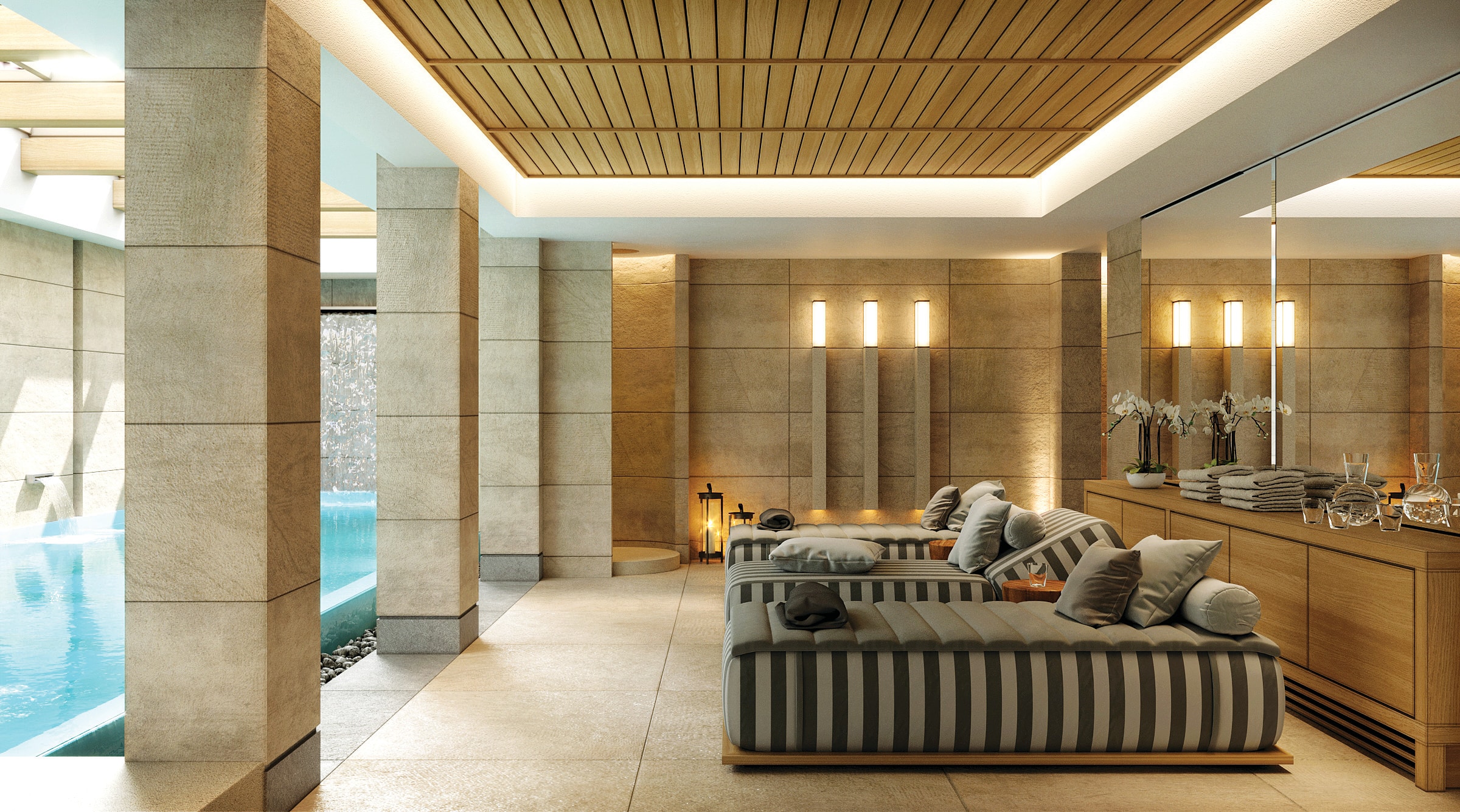 A relaxed spot in the elegant spa lounge, featuring modern interiors and tranquil pool views.