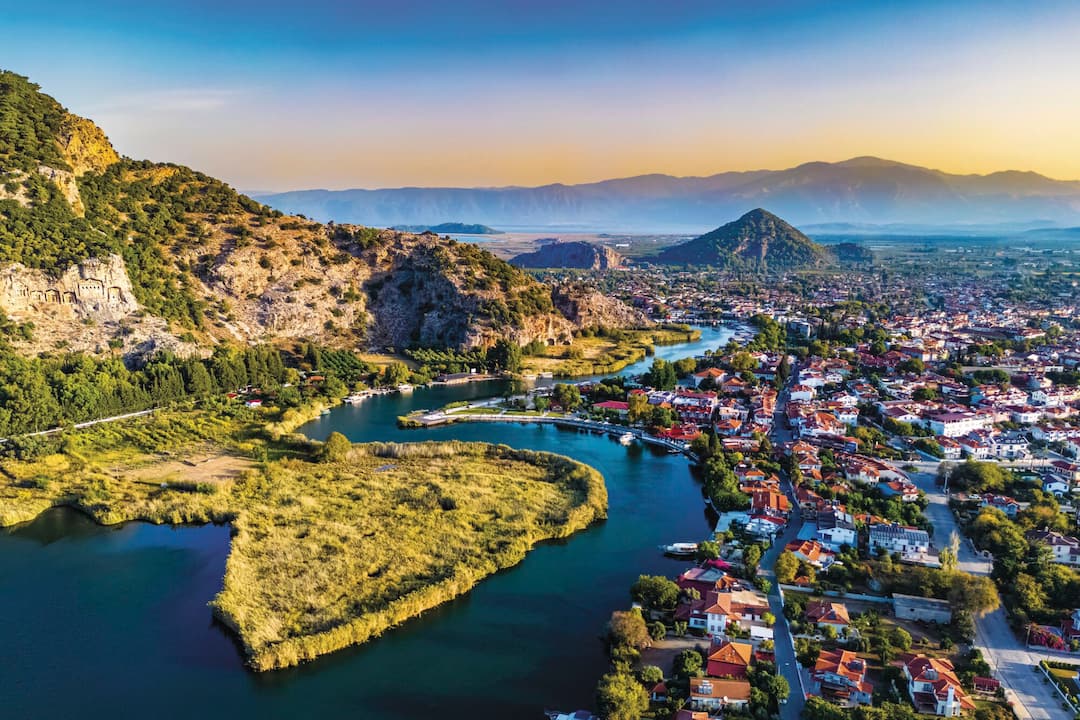 An aerial view of Dalyan and the river