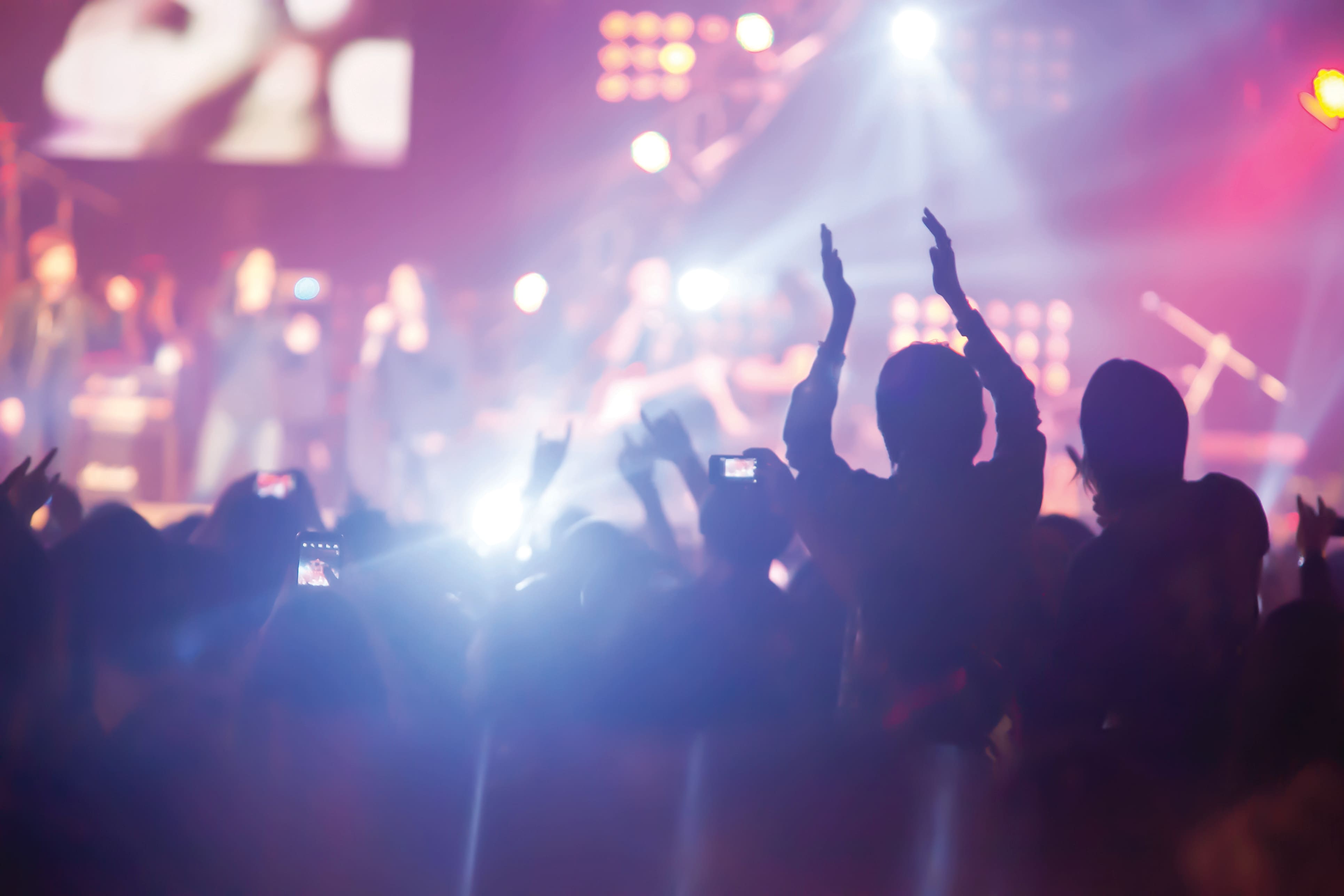 Crowd watching a live concert under colourful stage lights.