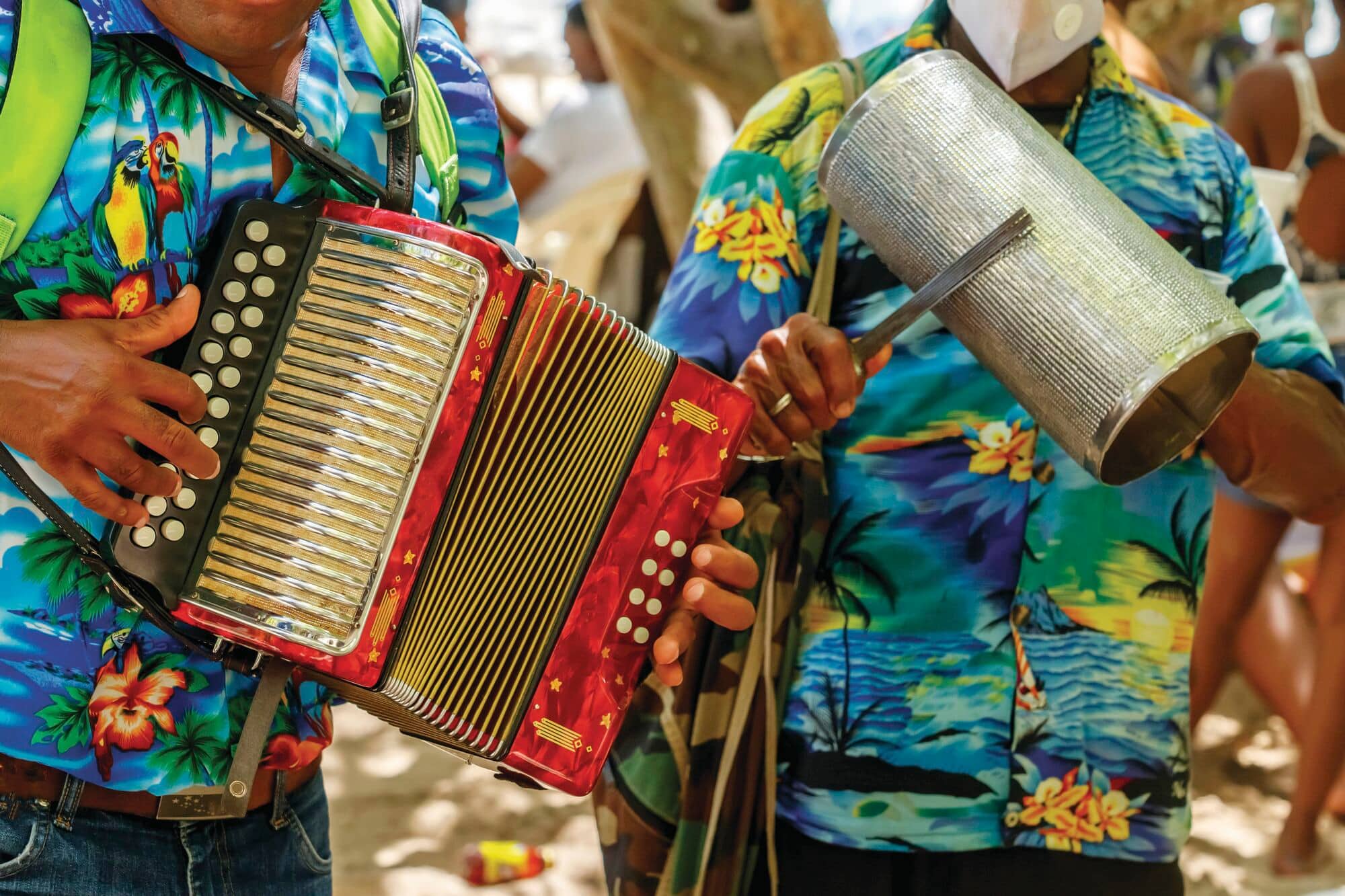 Beach musicians playing the accordion and guiro