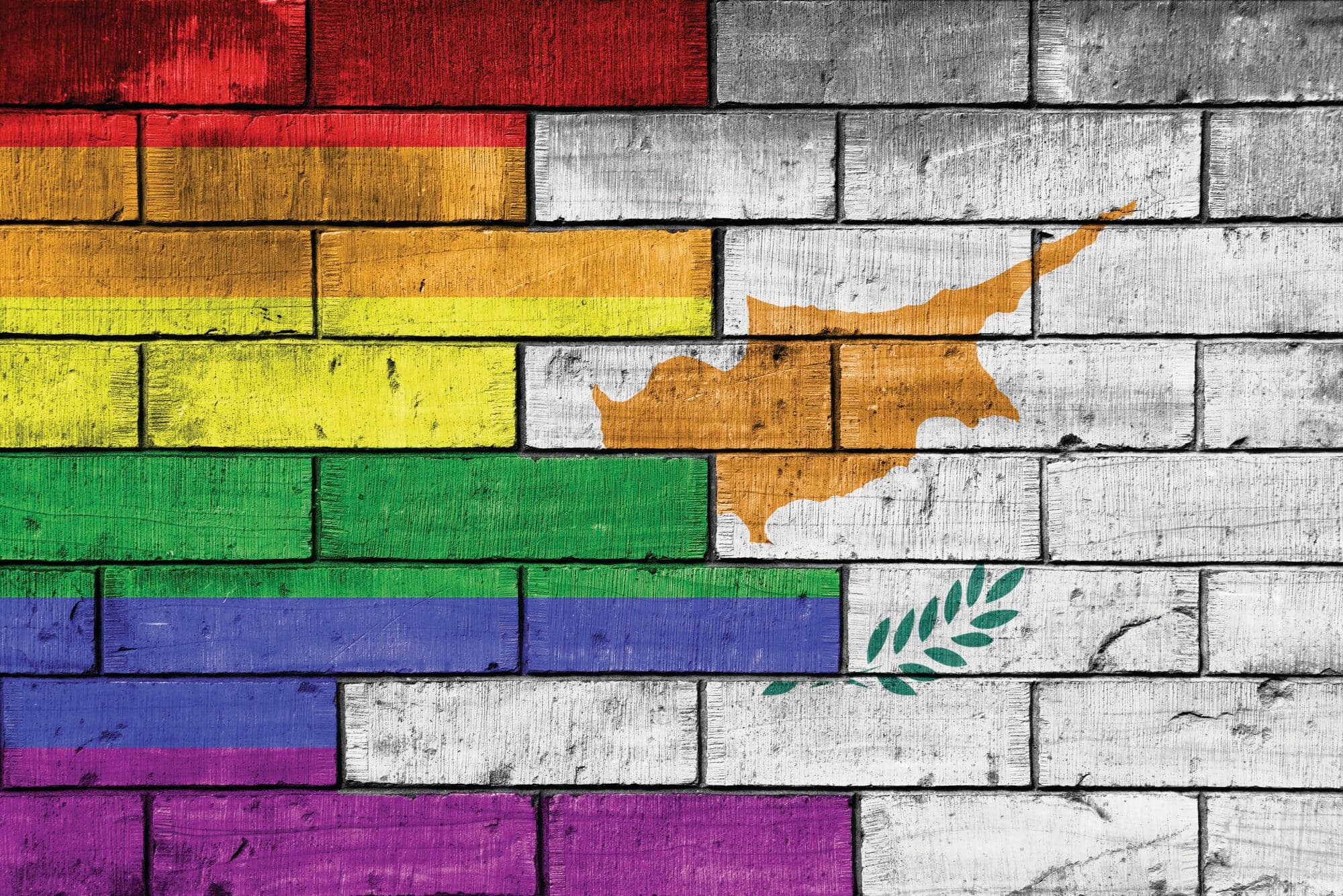 Graphic combining the national flag of Cyprus with the rainbow pride flag