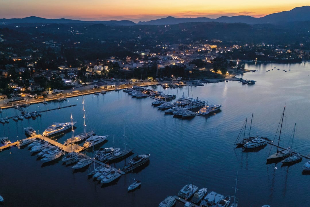 An aerial view of the marina at dusk