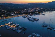 An aerial view of the marina at dusk