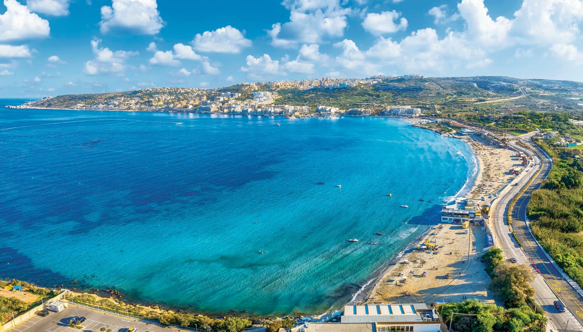 Aerial view of Mellieha Bay beach.