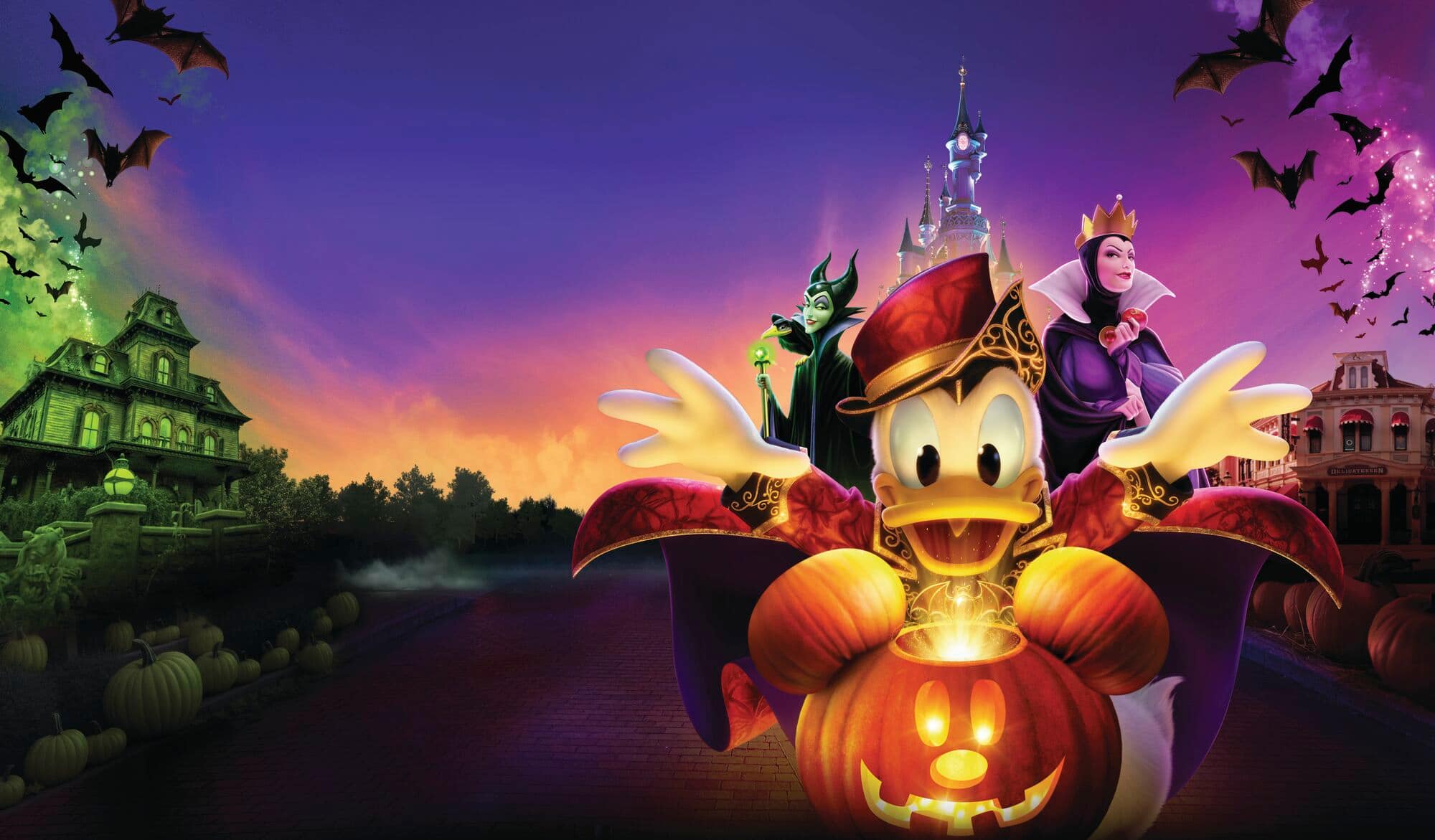 Donald Duck in a halloween costume holding a costume. Disney villains are in the background.