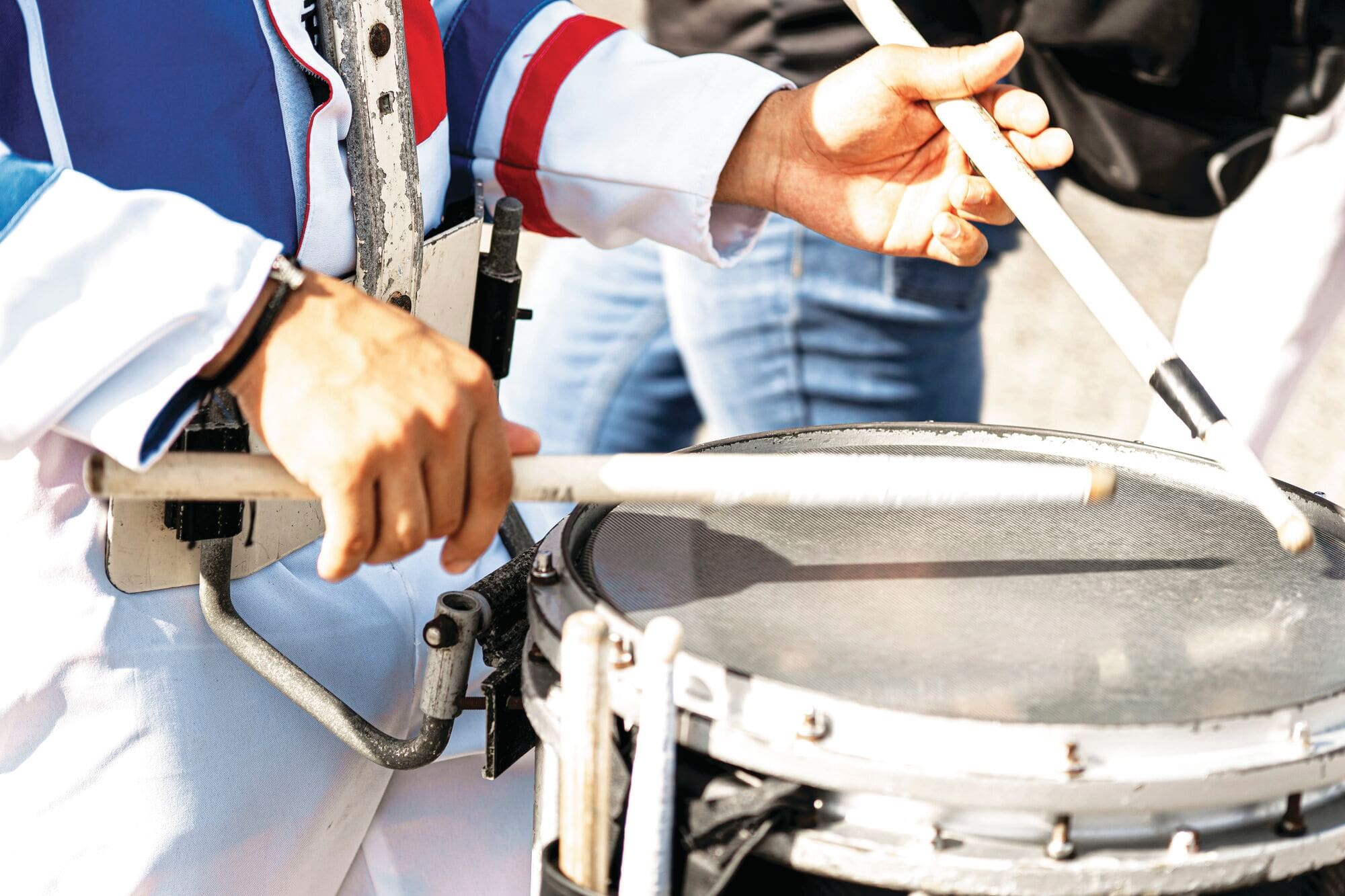 Close-up of a marching snare drum